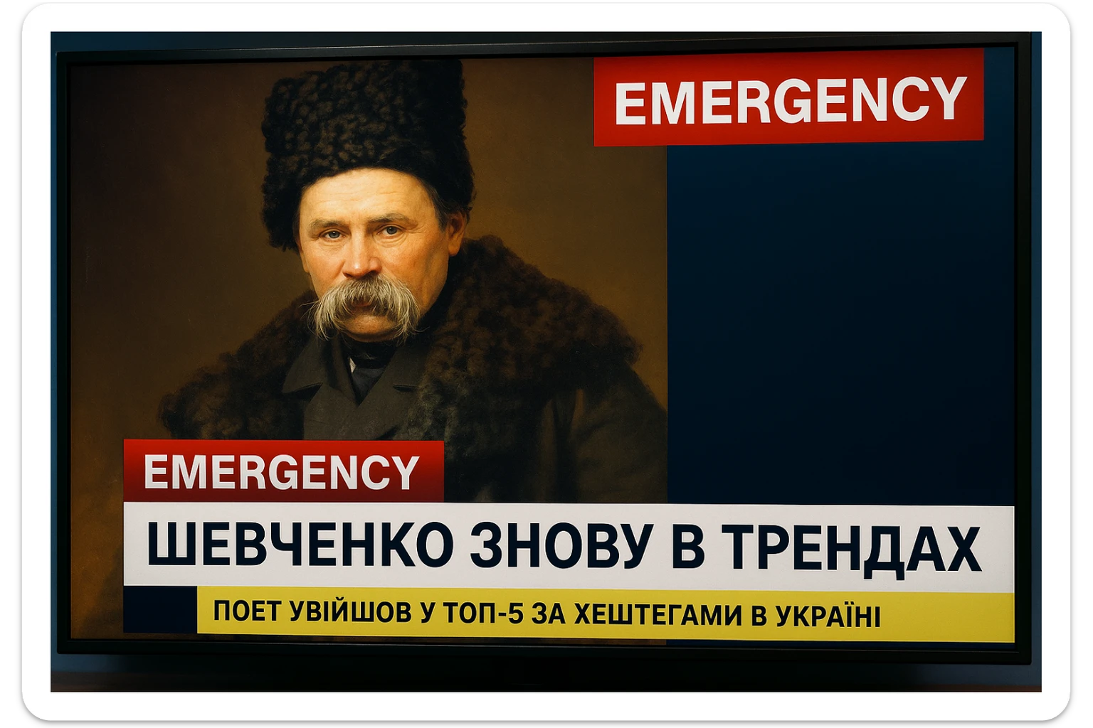 A realistic screenshot of a television news broadcast with an emergency report about Ukrainian poet Taras Shevchenko.
A downloaded image was used in the composition.
In the lower third of the screen, the headline "Шевченко знову в трендах" is displayed in large bold font,
and below it is a concise news ticker with the text "Поет увійшов у ТОП-5 за хештегами в Україні",
which provides brief updates.
The colour palette is clear and professional, with contrasting tones
characteristic of authoritative news channels.
The entire scene conveys the urgency and drama inherent in live news broadcasts. sticker