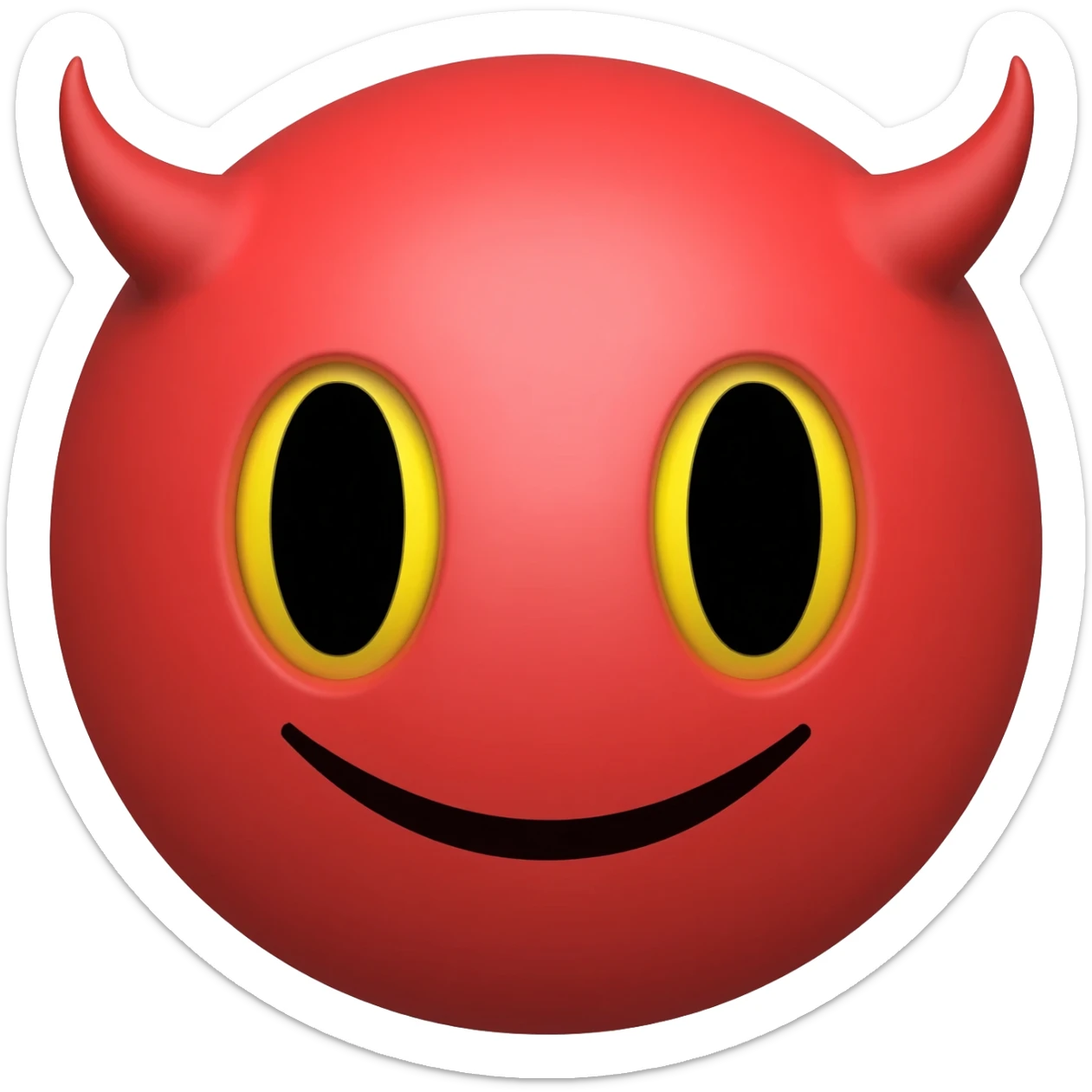 Red circle which has no eyebrows is smiling and has horns and has black eyes with yellow purpils sticker