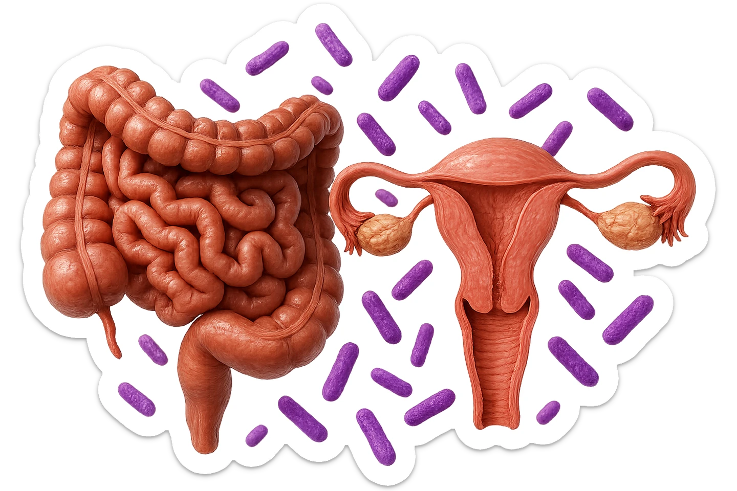 intestino umano anatomico realistico accanto ad un utero umano anatomico realistico, dietro i due organi fluttuano batteri intestinali con questo colore: #971ef1, iperrealistico 4k
isolata su sfondo bianco sticker