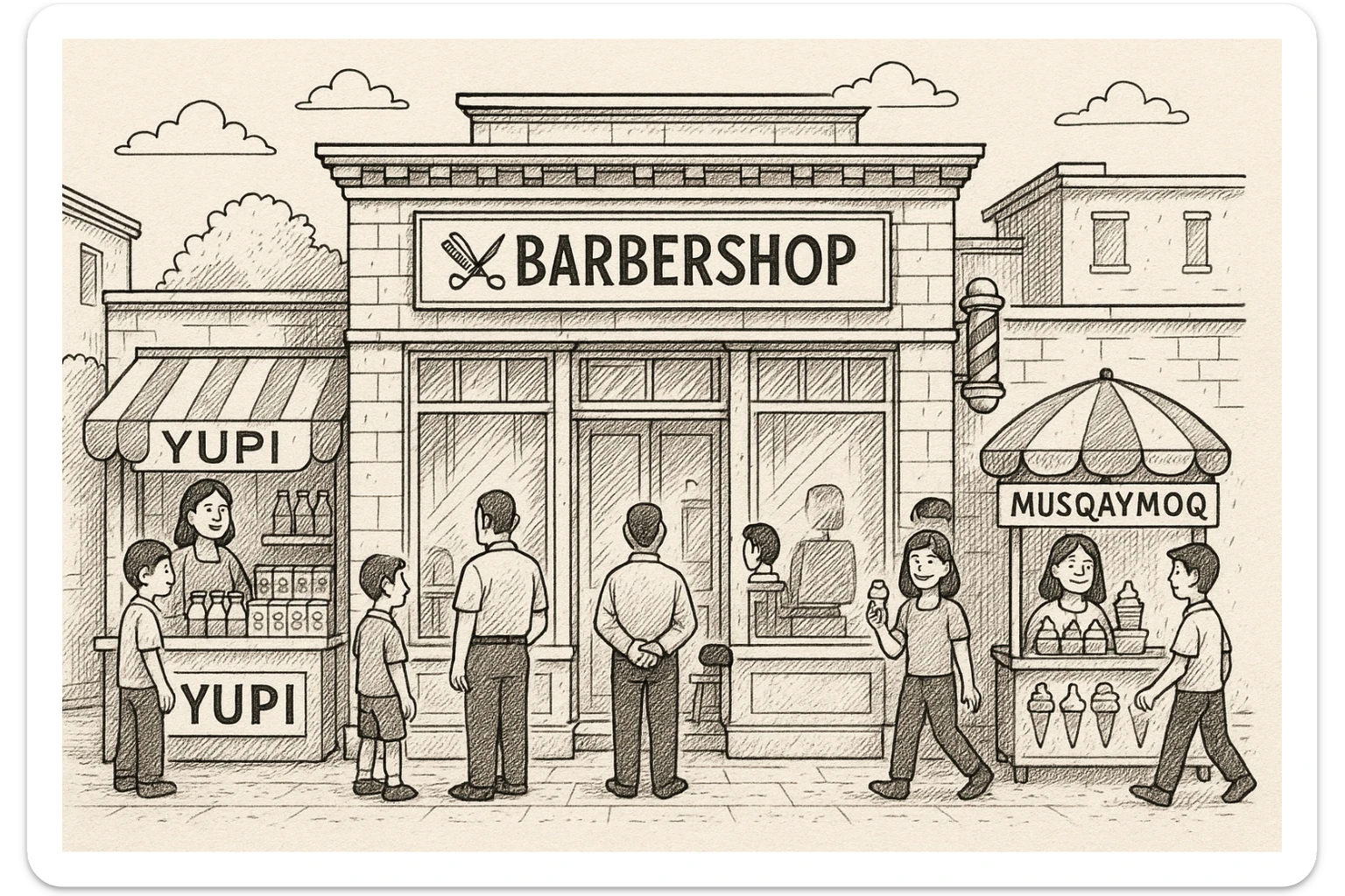 brohouse sartarosh xonasini chizib ber tashqaridan va uning yonida yupi va musqaymoq sotadigan lavkalar bulsin sticker