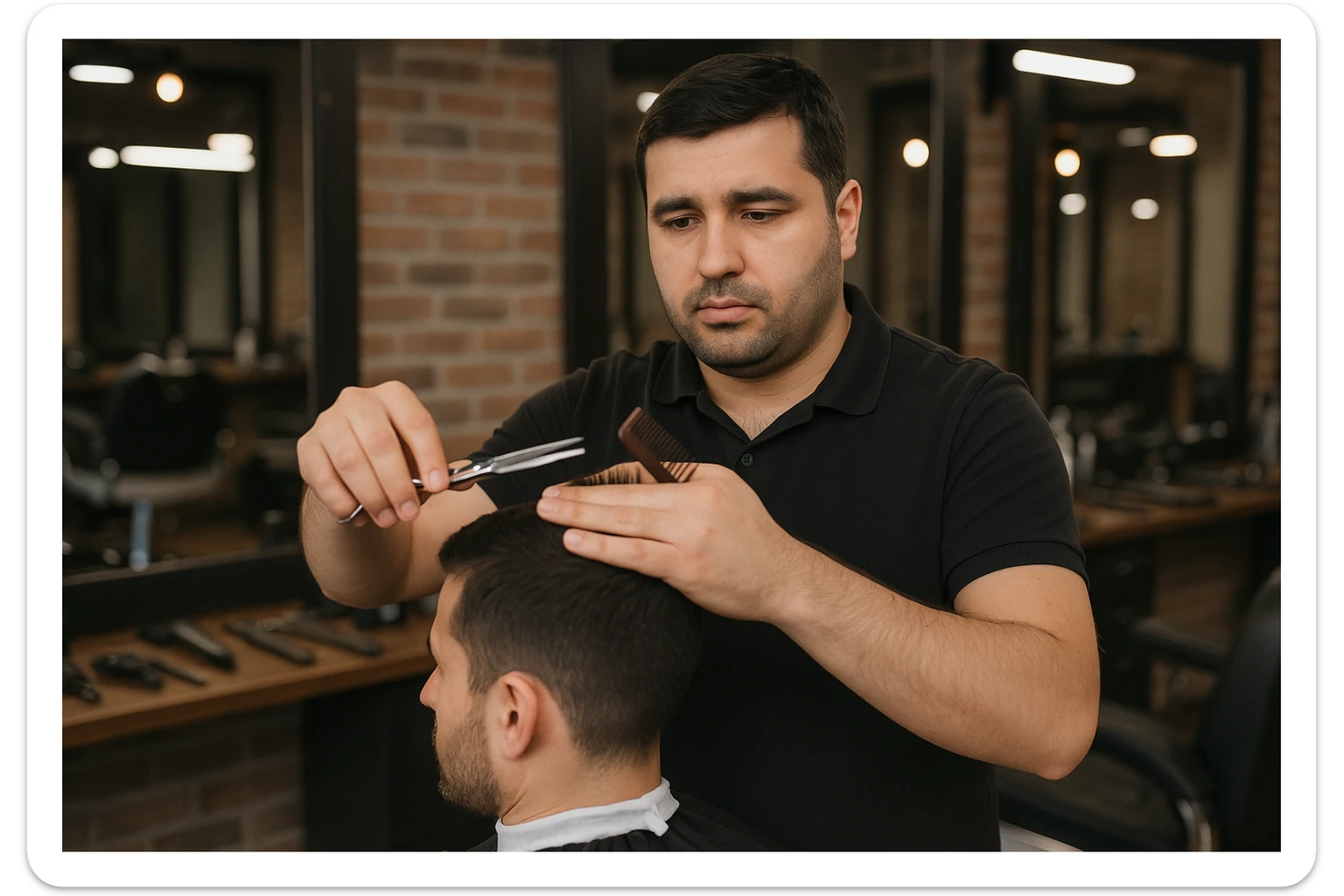 shu odamni sartaroshxonada mijozlarni sochini olayotganin  tasvirlab ber juda yosh ham katta ham bo'lmasin semiz ham bo'lib ketmasin o'smirin davrini yuzi ko'rinmasin sticker