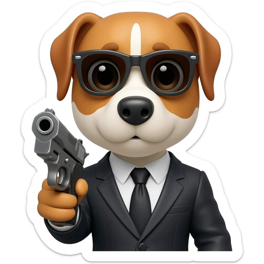 dog wearing a suit and a sunglasses holding a gun sticker