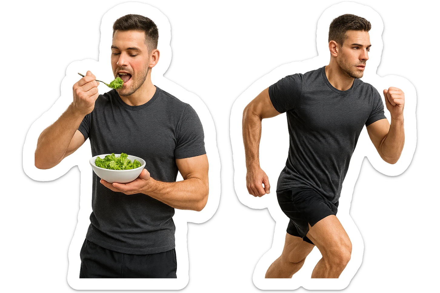 uomo fitness che mangia insalata accanto a uomo identico esteticamente che corre, iperrealistici 4k sticker