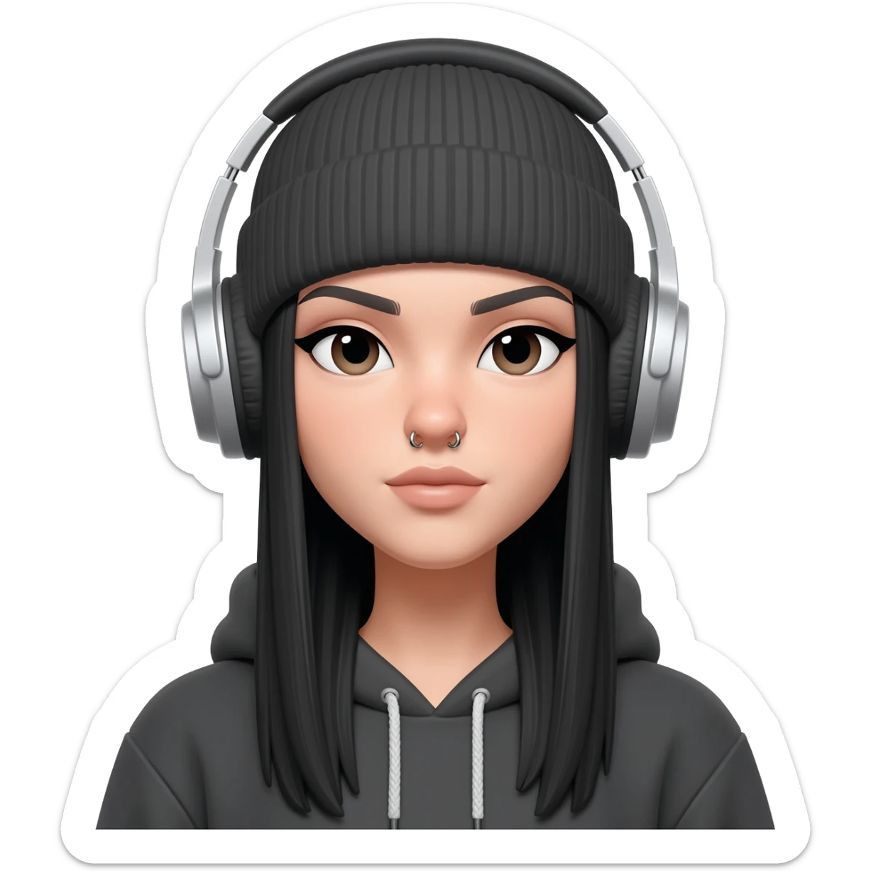 White curvy female with long straight black hair wearing a beanie and hoodie and nose piercings listening to music sticker