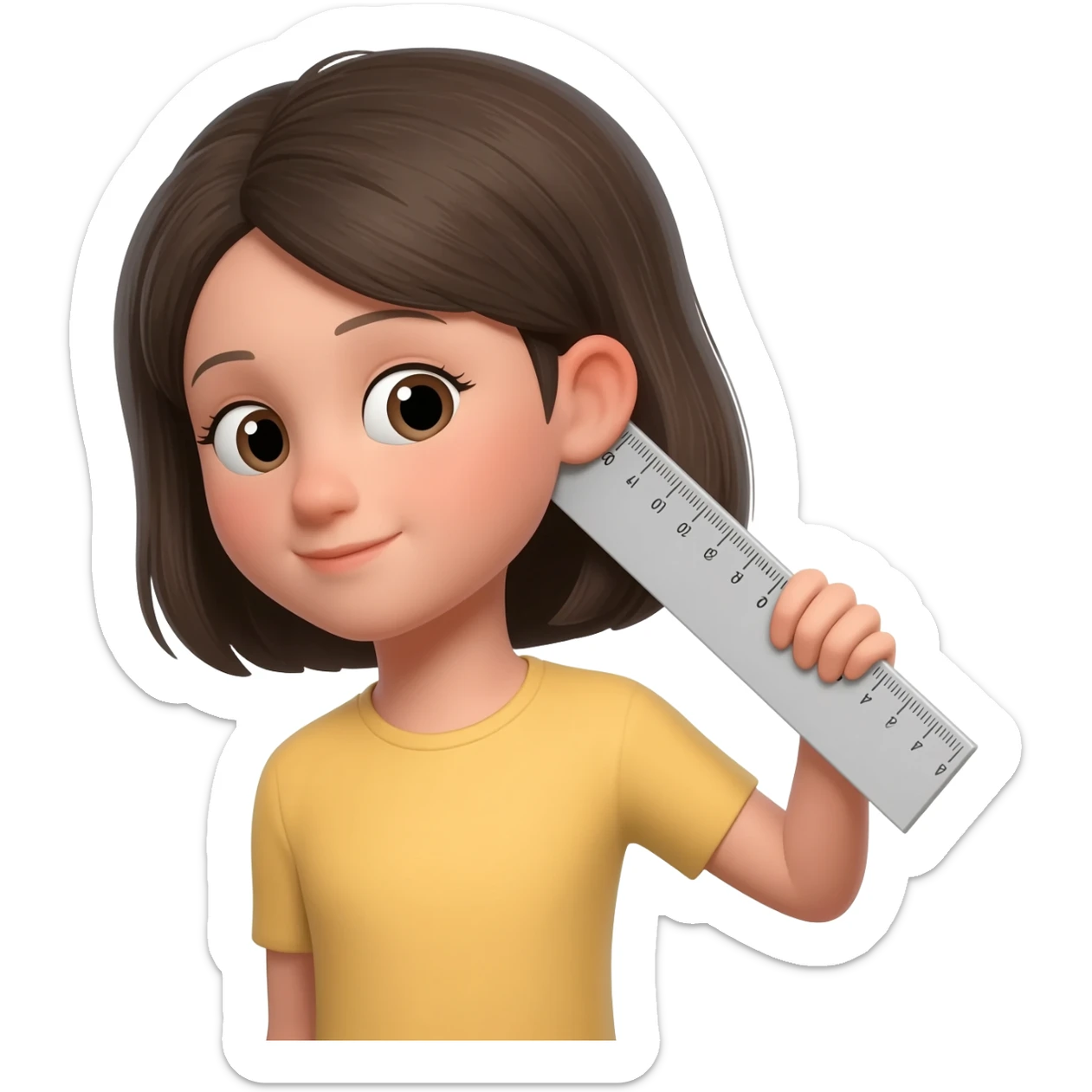 Girl with a ruler held from her ear downwards, at a slight angle sticker