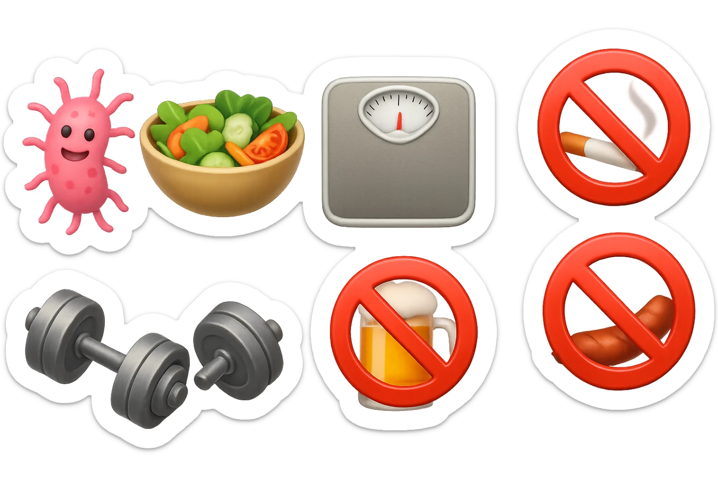 emoji stile iphone di: due batteri intestinali felici, una bowl di insalata, una bilancia pesapersone, manubri da palestra, e un boccale di birra con divieto 3d sopra, una sigaretta con divieto 3d sopra e un wurstel con divieto 3d sopra, fluttuano in aria, iperrealistico 4k sticker