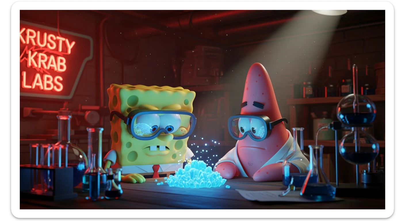 3D cienmatic cartoon shot, spongebob and patric dress in safety glasses and safe white outfit, the are standing front of table with blue crystals on table glowing (light source) science room in basement, back light, Cinema 4d render, proffesional lightning sticker