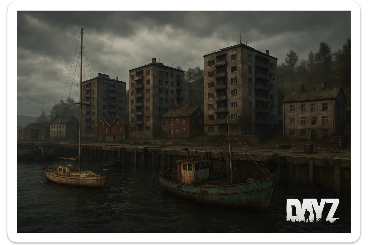 a screenshot of the game DayZ videogame, the harbor in a Norwegian port town, apartment blocks sticker