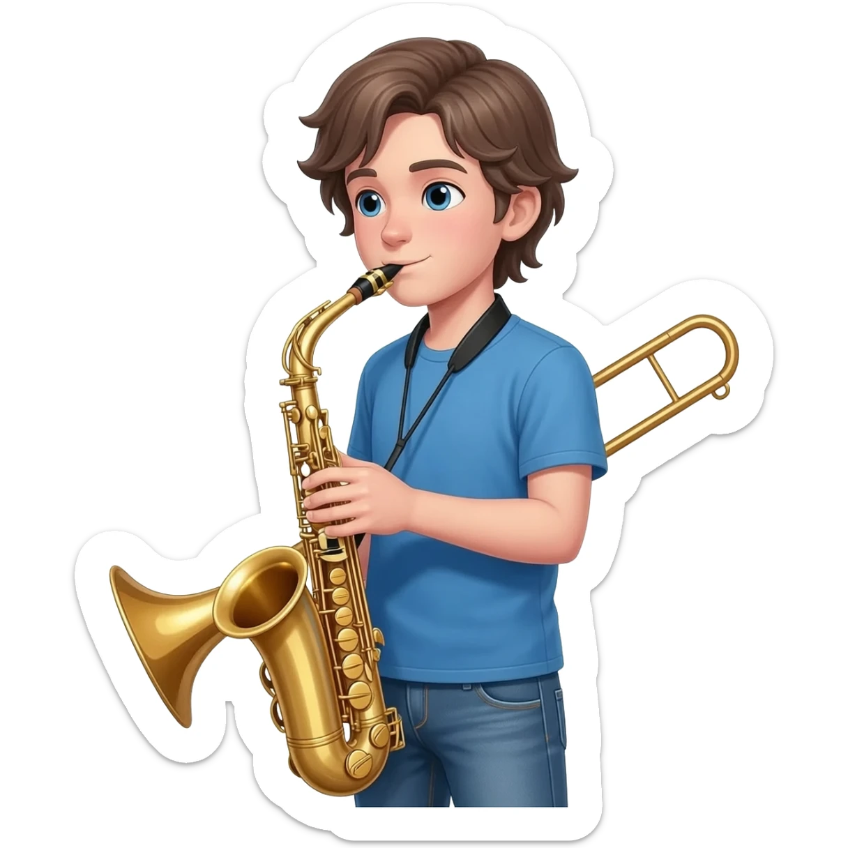 tall white boy with a medium length middle part, playing alto saxophone with a trombone behind him. he boy is wearing jeans and a blue t shirt. sticker