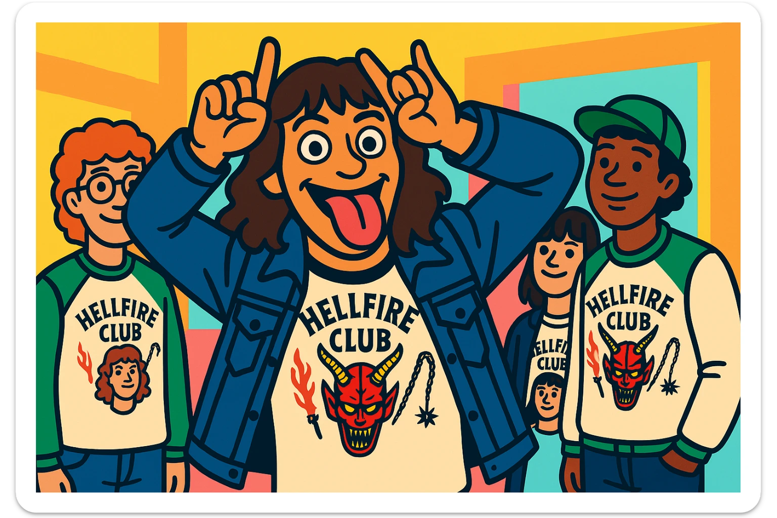 Eddie Munson in vibrant toon style, wide aspect ratio (16:9), making a playful face with hands as horns and tongue out, with Hellfire Club friends in the background, lighter vivid colors and dark outlines. sticker