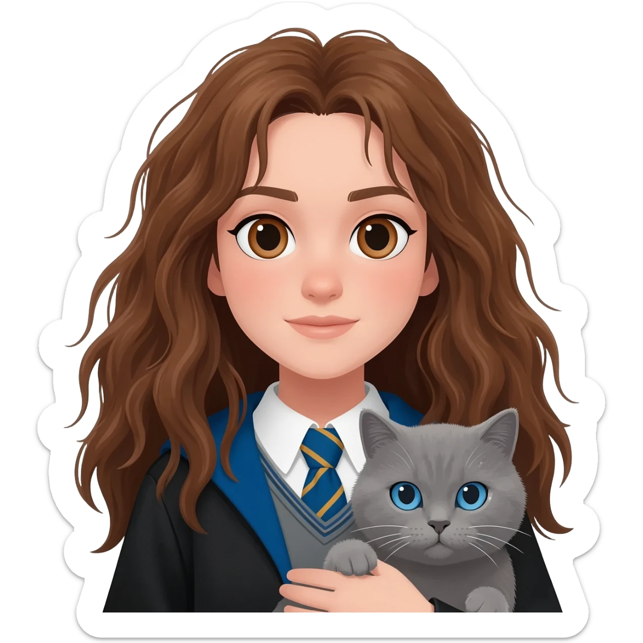 ravenclaw girl student with long brown messy hair and brown eyes, holding a gray cat with blue eyes sticker