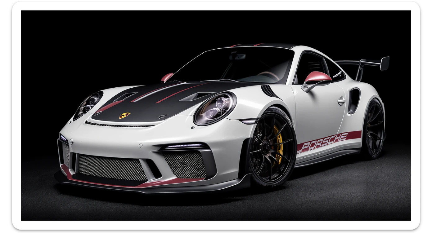 a stunning close-up of a porsche 911 gt3 rs , set against a black solid background. sticker