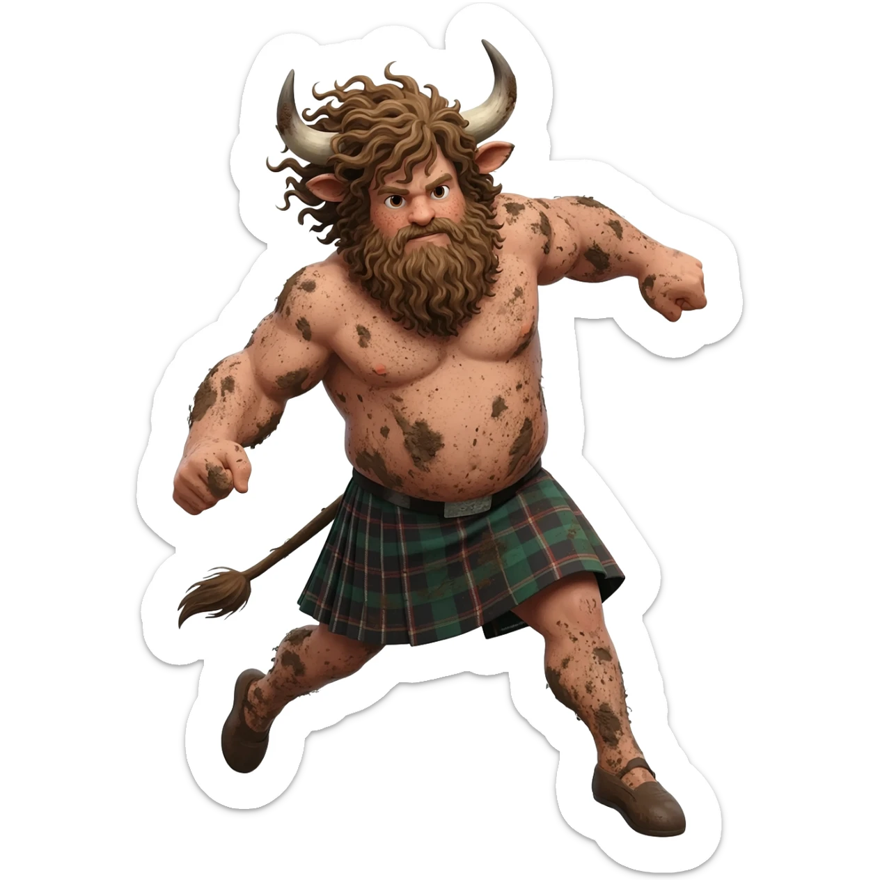 big buff curly hairy man covered in dirt with freckles with messy light brown bangs that covers his face completely with bull horns and bull ears and bull tail dressed in kilt jumped up i with wind in his hair sticker