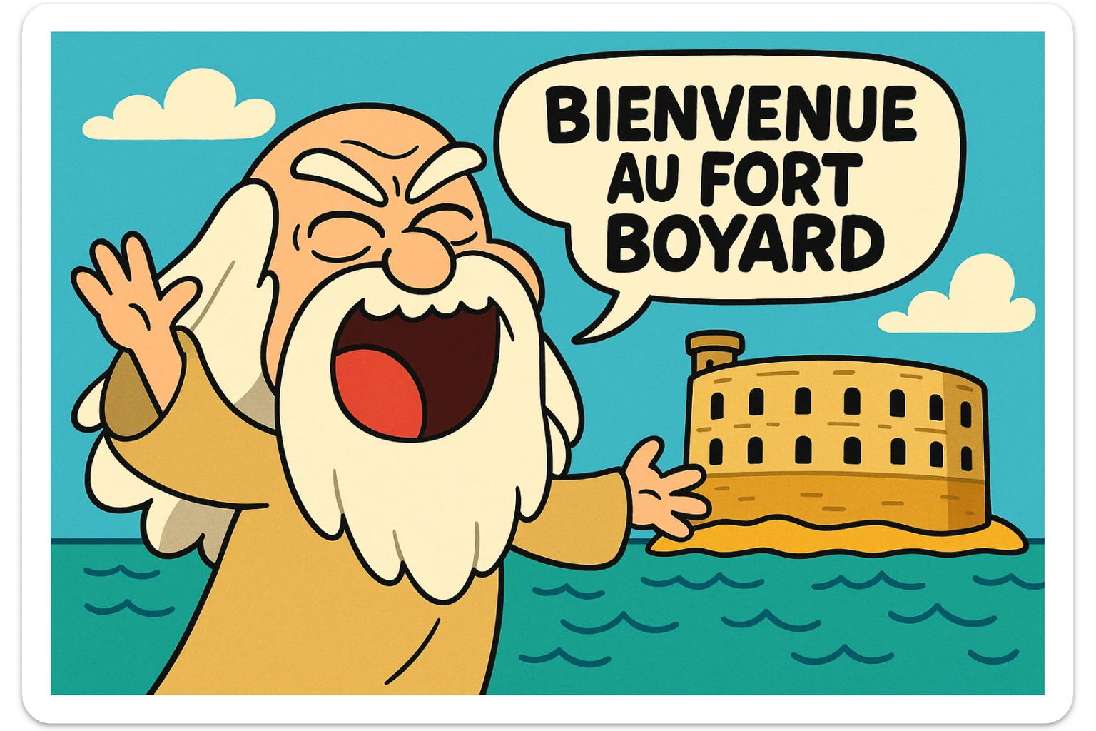 Père fouras  de fort boyard qui cri bienvenue au fort boyard // style enfantin dessin animé cartoons américain style gumball (  sticker