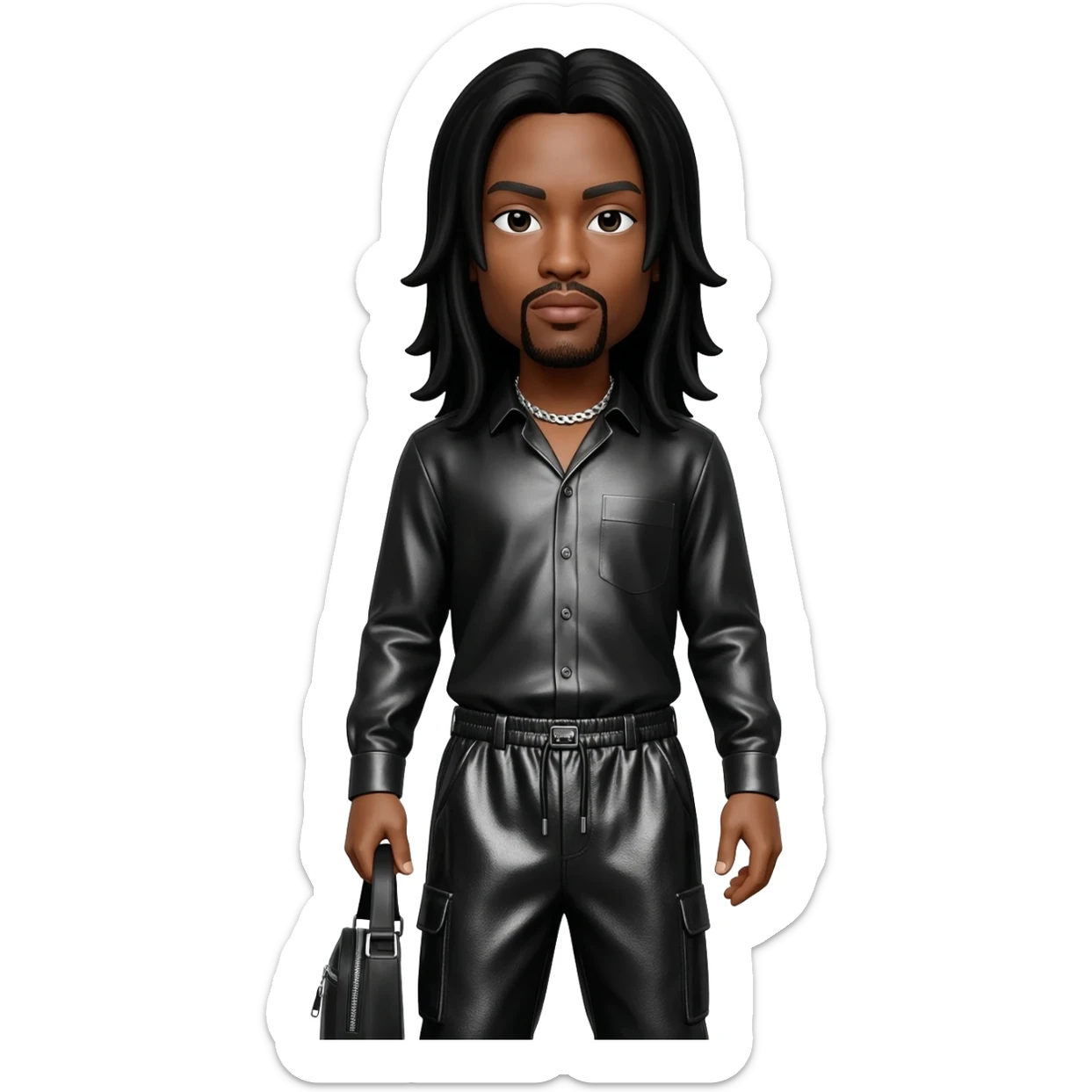 Layzie Bone with light tan skin, long black hair, black metallic shirt, black metallic baggy pants, silver necklace sticker