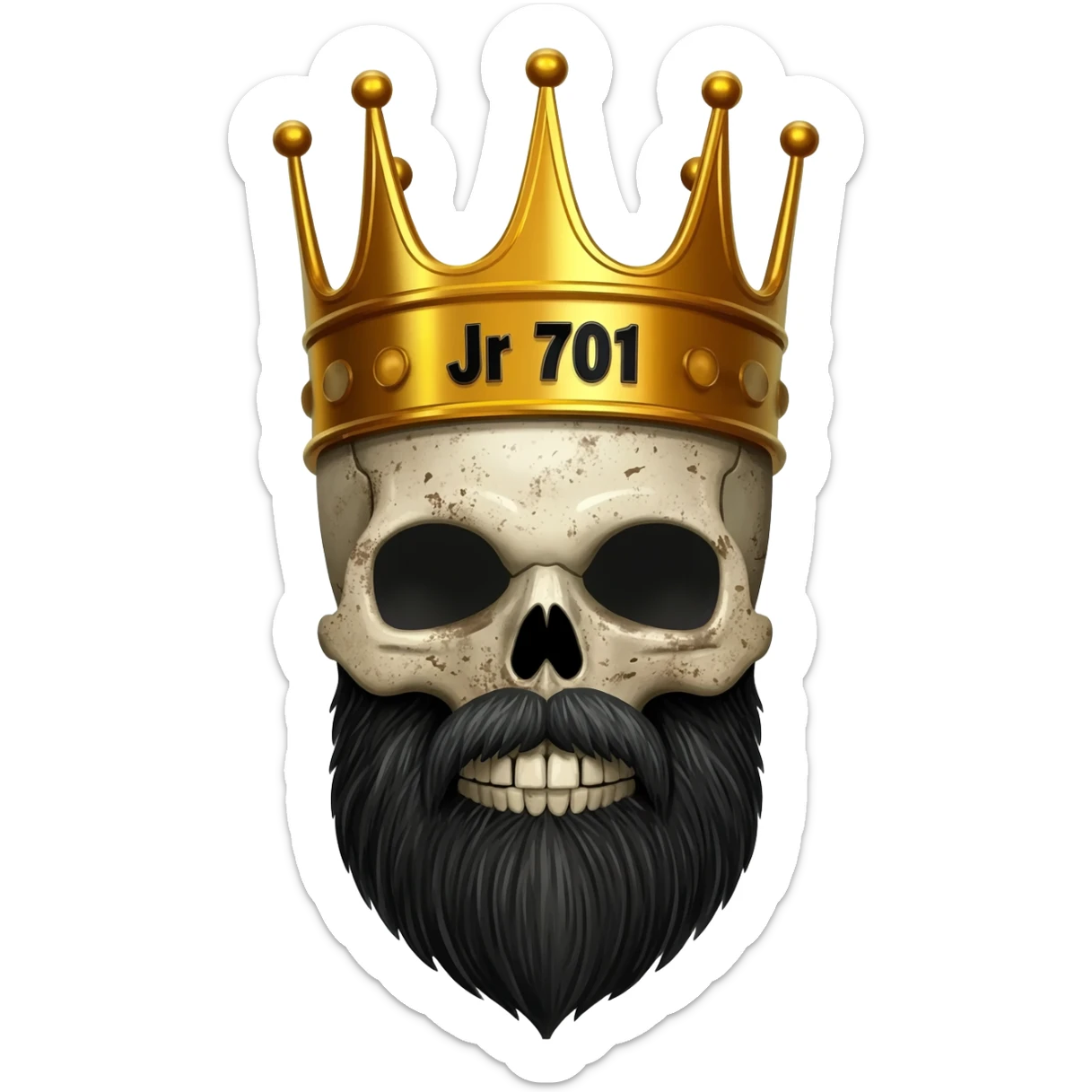 crea una calavera con una corona y barba negra. En la  corona que diga en grande: Jr 701 sticker