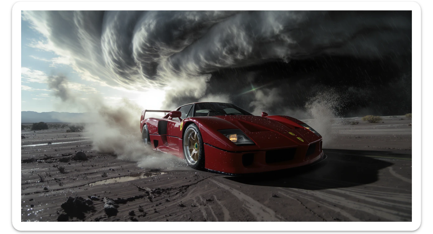 Cinematic still of a ferrari f40 around tornado od arizona desert, sun flare, big earth in background, captured by gopro hero with effect fisheye, water drops on car body, detailed sticker