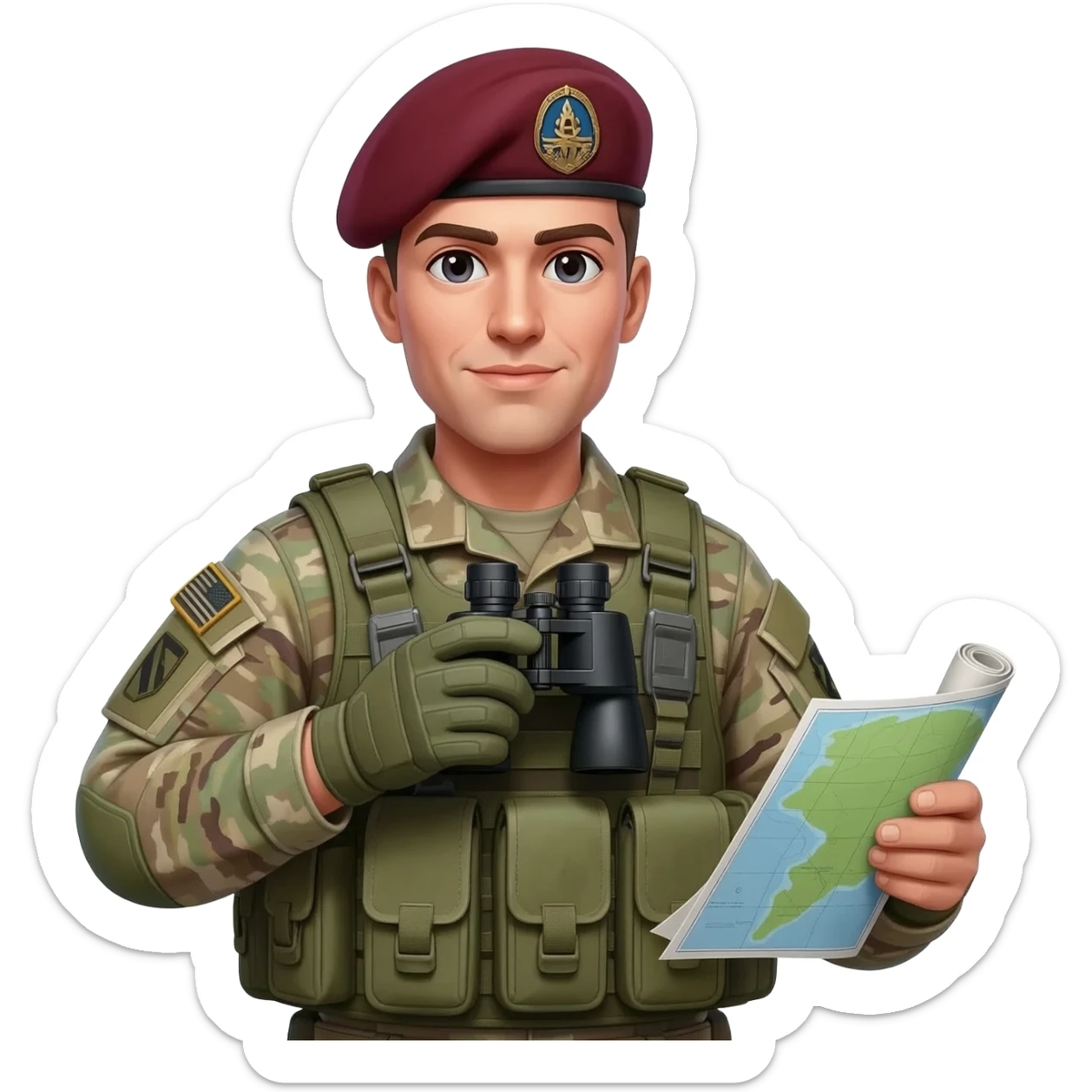 A US army soldier in combat gear, with a maroon beret like in the 82nd airborne. Make the tactical vest also in camouflage. Give him an asthetic that would belong to a 13F, forward observer sticker