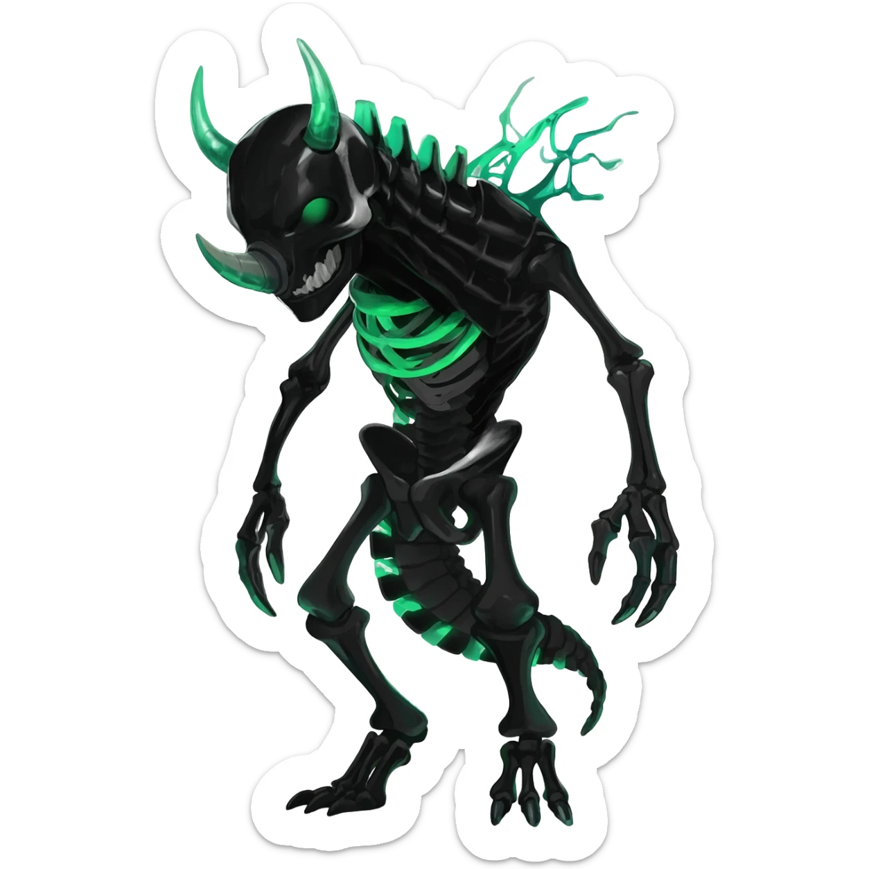 Horned Evil Cool Handsome Badass Edgy Obsidian-black and neon-glowing-green skeletal Meloetta-Salandit-Gorebyss-Zygarde-Pokémon-Fakémon-creature-fusion-hybrid sticker