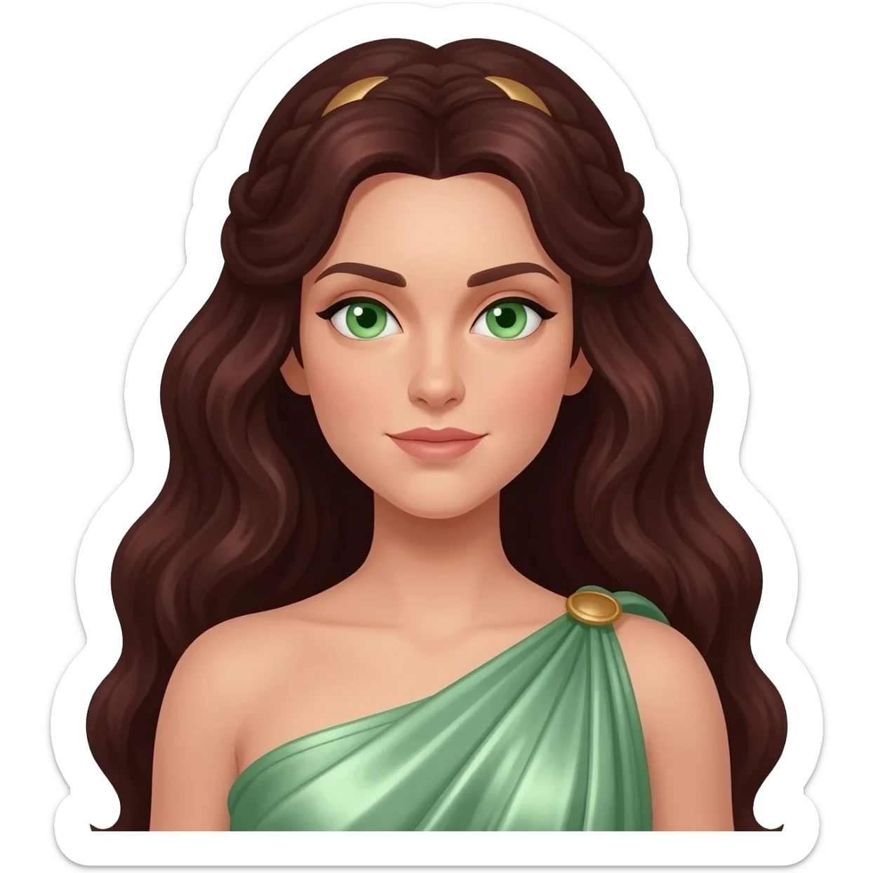 Proserpina from Roman Mythology with green eyes, long dark auburn hair, light green metallic peplos sticker