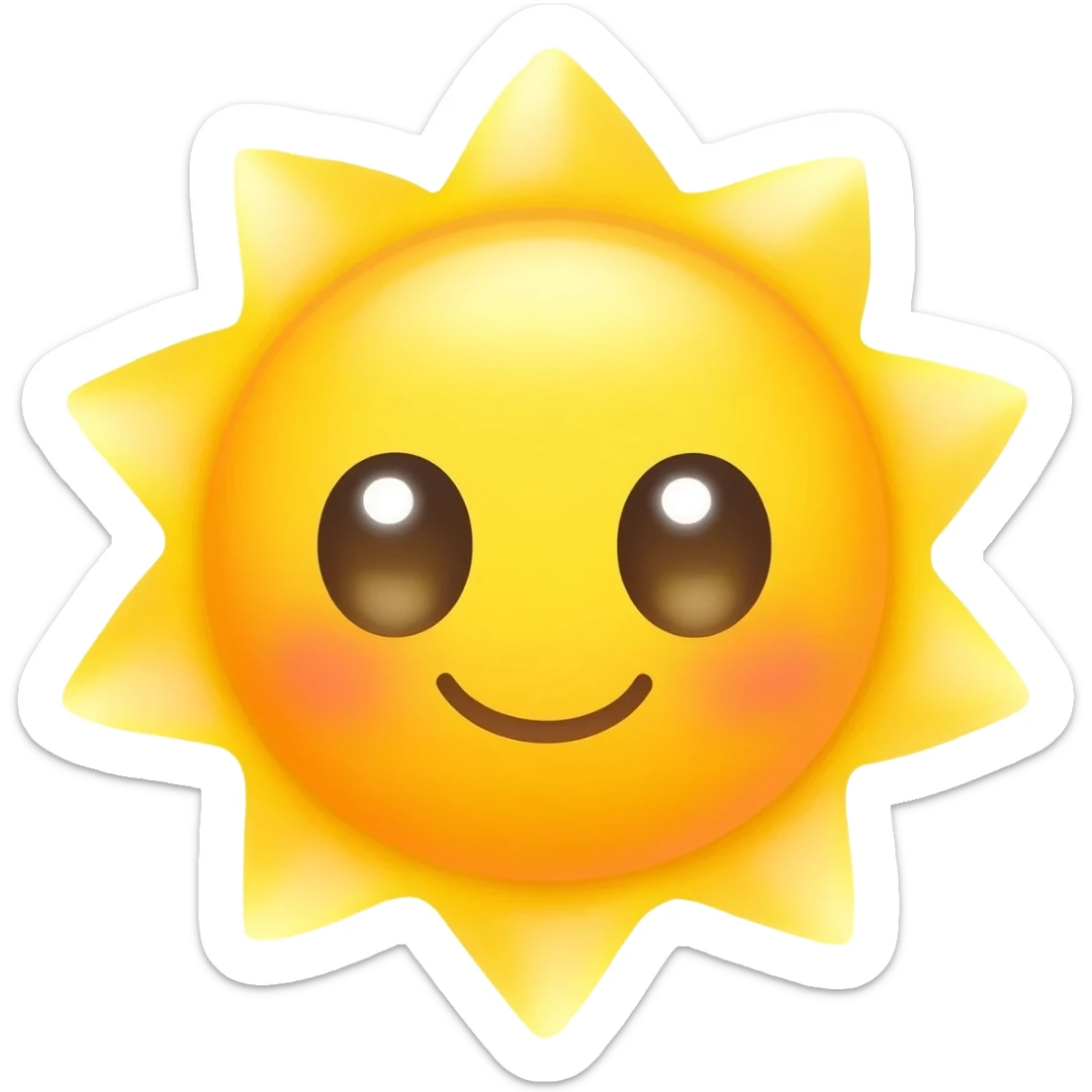 Cute kawaii sunshine emoji with a sweet smiling face, big shiny eyes, small rounded sun rays, warm yellow and golden colors, soft lines, adorable style, transparent background. sticker