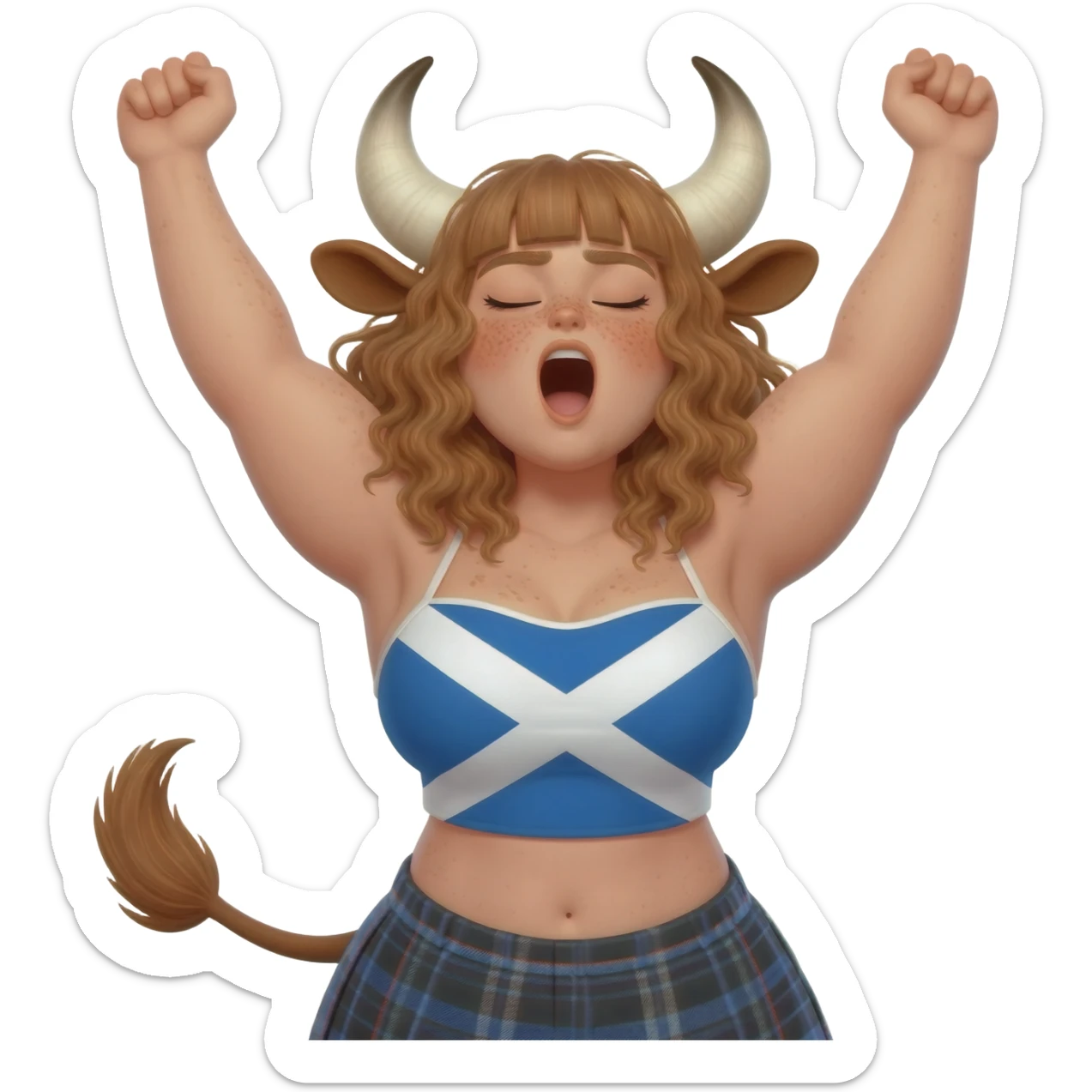 sleepy muscular hairy buff curly woman with frecles with light brown messy hair with straight bangs with brown cow tail with fat thights with cow horns and cow brown ears with extra large breasts dressed in crop top with scottish flag stretches her arms up and yawns eyes closed squints her eyes sticker