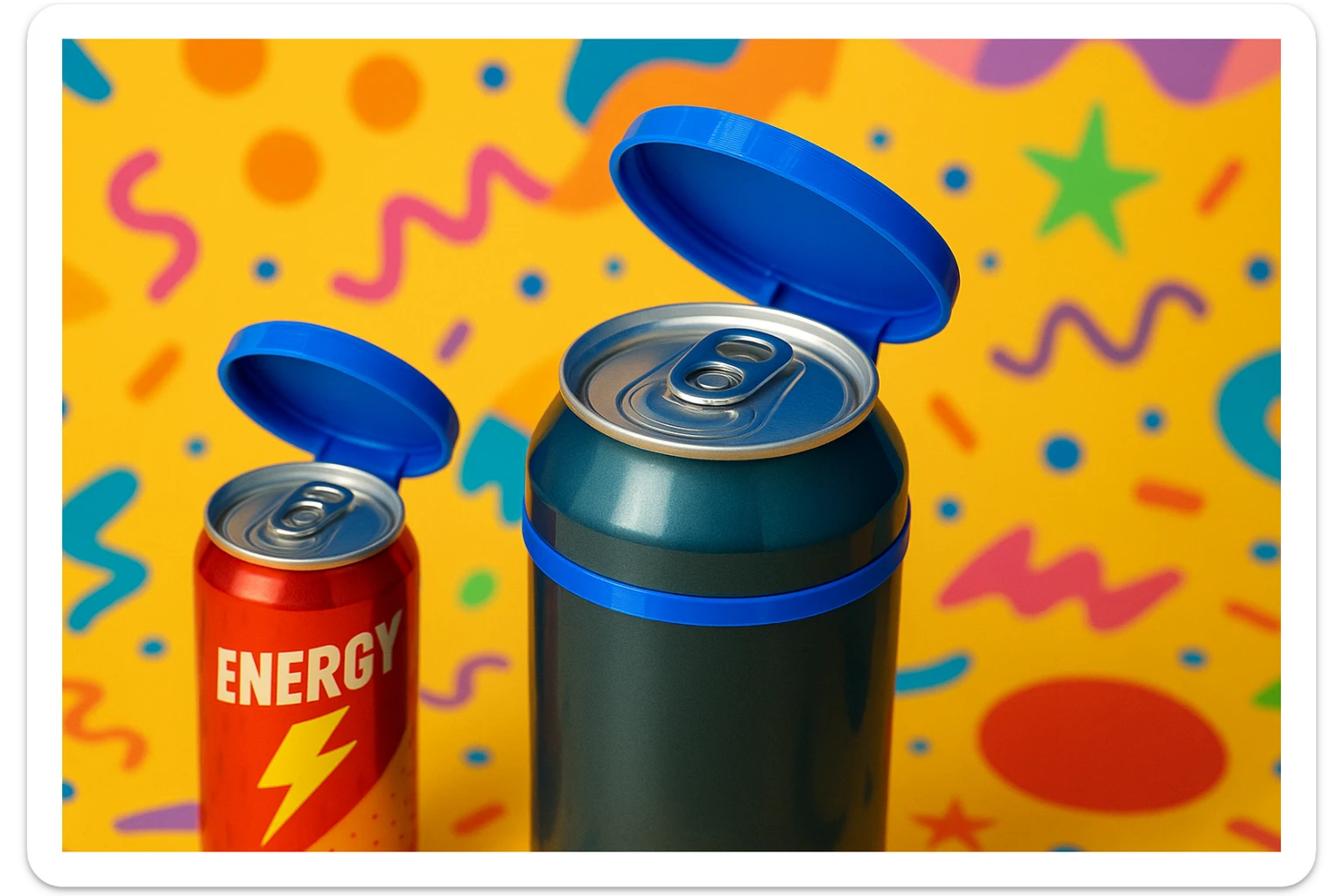 Készíts a következő jellemzőkre a mellékelt fotó felhasználásával a szöveghez illő képet, 1000x600px-es méretűt, fiatalos, dinamikus, megnyerő,változatos, színes, valósághű fotók legyenek!
„Az összes aludobozodra használhatod”
Két fajta méretben gyártott kupakot minden forgalomban lévő italos aludobozodon használhatod, legyen az kicsi energiaital vagy nagyobb üdítős/sörös doboz. sticker