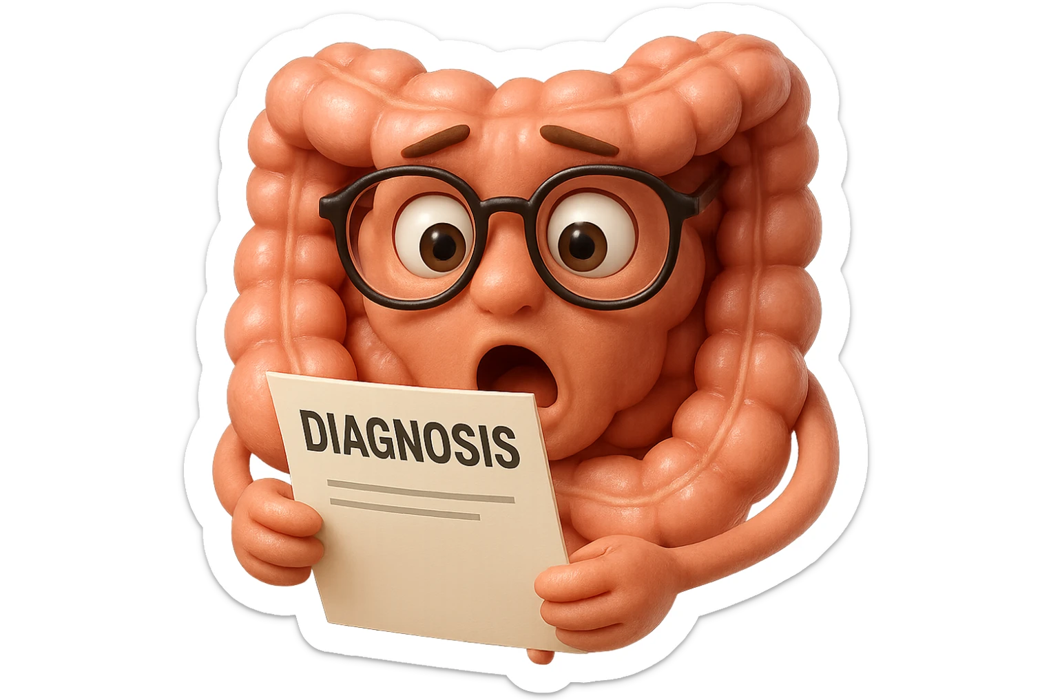 EMOJI STILE IPHONE DI UN INTESTINO CON GLI OCCHIALI CHE LEGGE UN FOGLIO CON LA SCRITTA DIAGNOSI, ESPRESSIONE STUPITA IN VOLTO, IPERREALISTICO 4K sticker