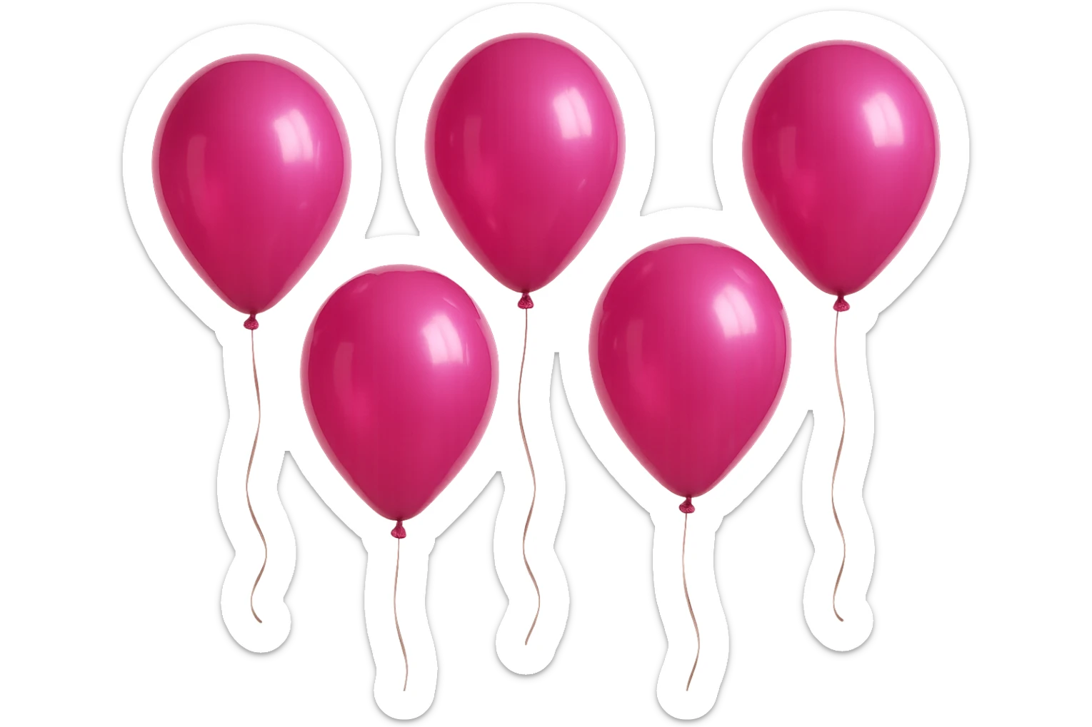 5 palloncini magenta fluttuano in aria isolati su sfondo bianco, iperrealistico 4k sticker