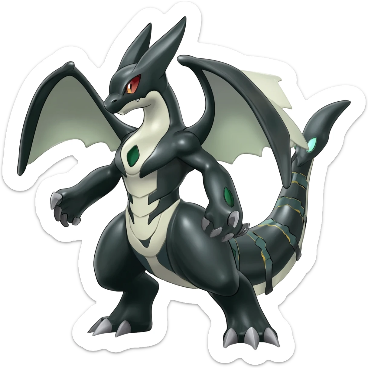 Shiny Black Grey White and Dark-Green Axew-Tyranitar-Larvitar-Flygon-Scyther-Pokémon-Fakémon-Digimon-fusion-creature, full body sticker