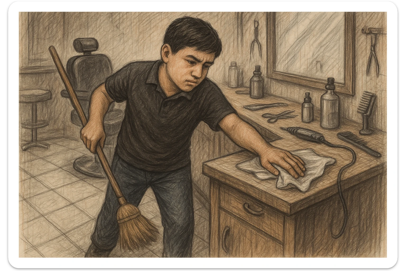 sartaroshxonani tozalayotgan o'smirin bola juda  yosh ham emas katta ham supir sudir qilaytgani narsalarni tozalayotgani yuzi ko
 sticker