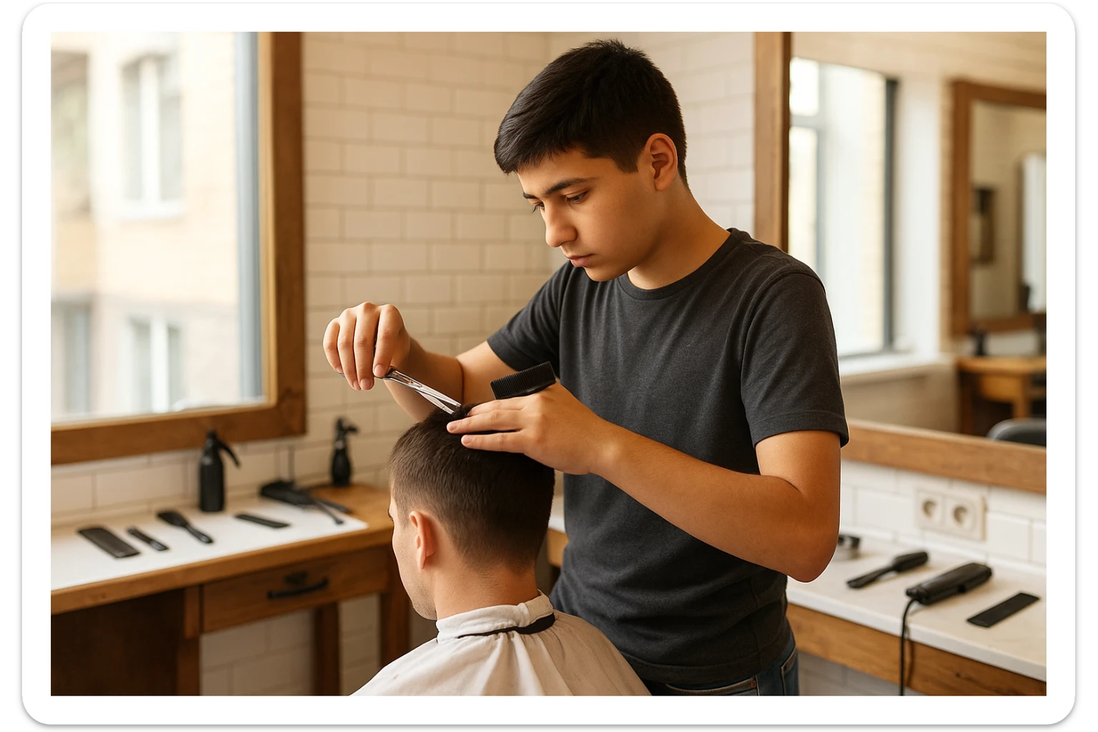 yuzi ko'rinmasin sartaroshxonada ishlayotganini tasvirlab ber mijozlarni sochini olayotganini o'smirin davrini sticker