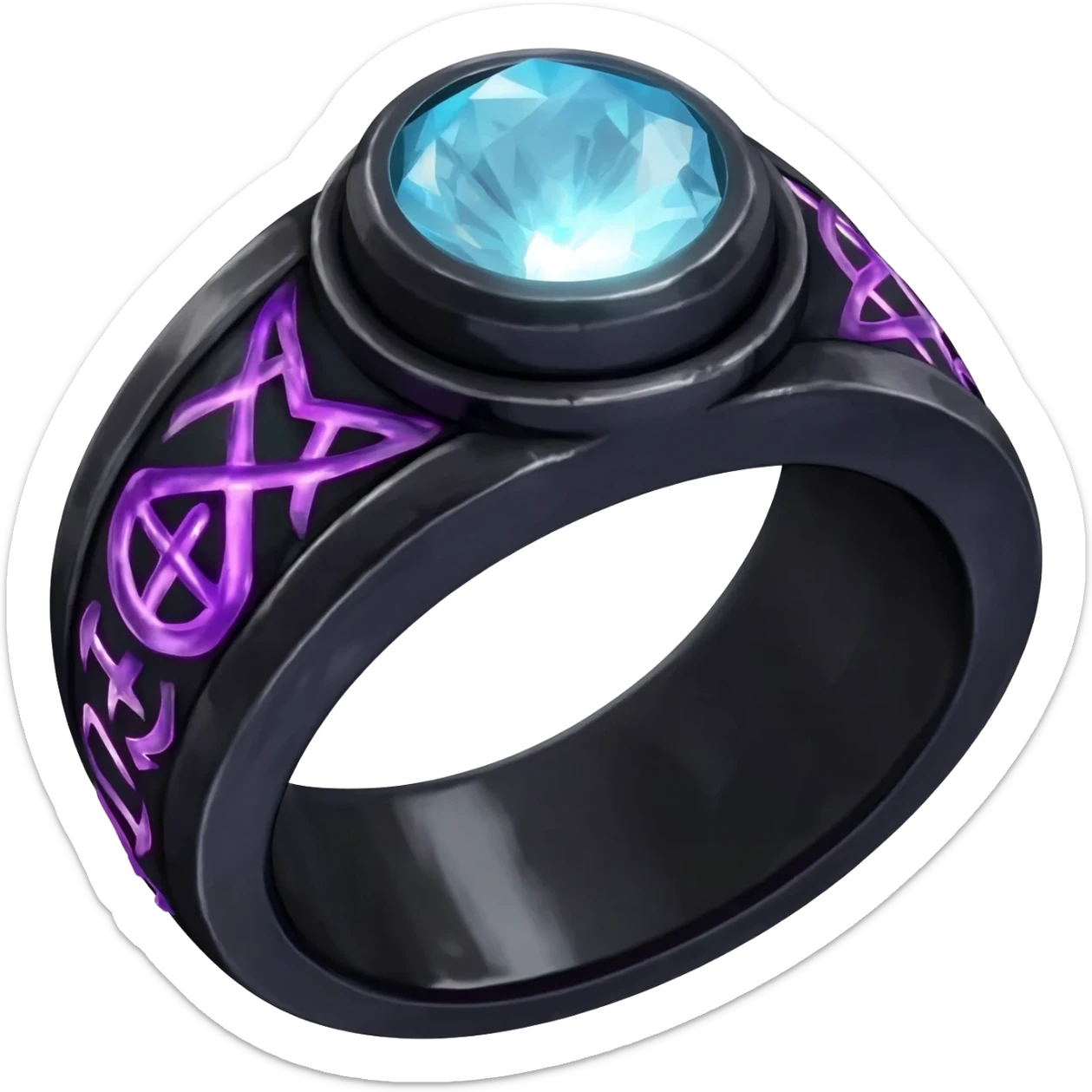 A Obsidian ring, With a glowing hypersthene crystal in the center, with intricate pagan runes carved into the sides that glow purple sticker