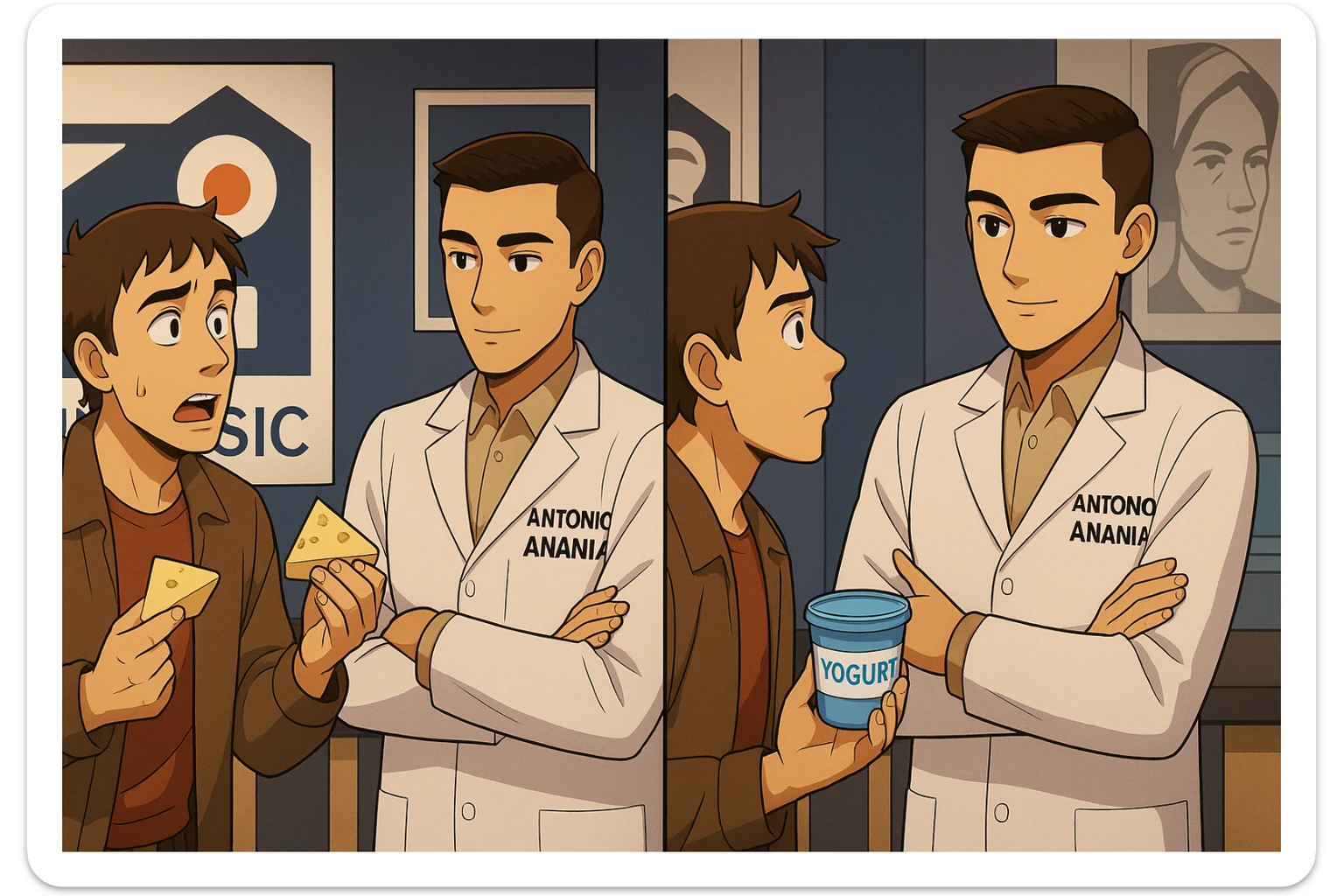 fai un webtoon manga a colori con questo stile, in cui un uomo fa una domanda al kinesiologo con il camice bianco (fagli anche la scritta "ANTONIO ANANIA" SUL CAMICE, l'uomo chiede una cosa mostrando un formaggio e uno yogurt al kinesiologo con il camice, IL KINESIOLOGO annuisce e SPIEGA ALL'UOMO UNA cos. L'UOMO ha un ESPRESSIONE CONFUSA IN VOLTO. non fare i fumetti però, fai solo in modo che sembri stiano parlando sticker