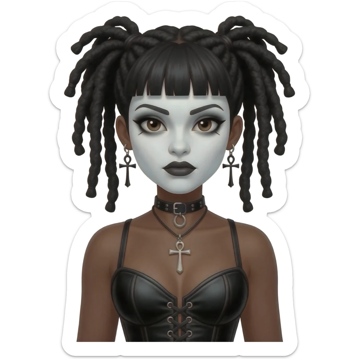 goth black girl with black corset, with brown skin, cross earrings, ankh necklace with black dreadlocks with dreads bangs, whole white face paint sticker