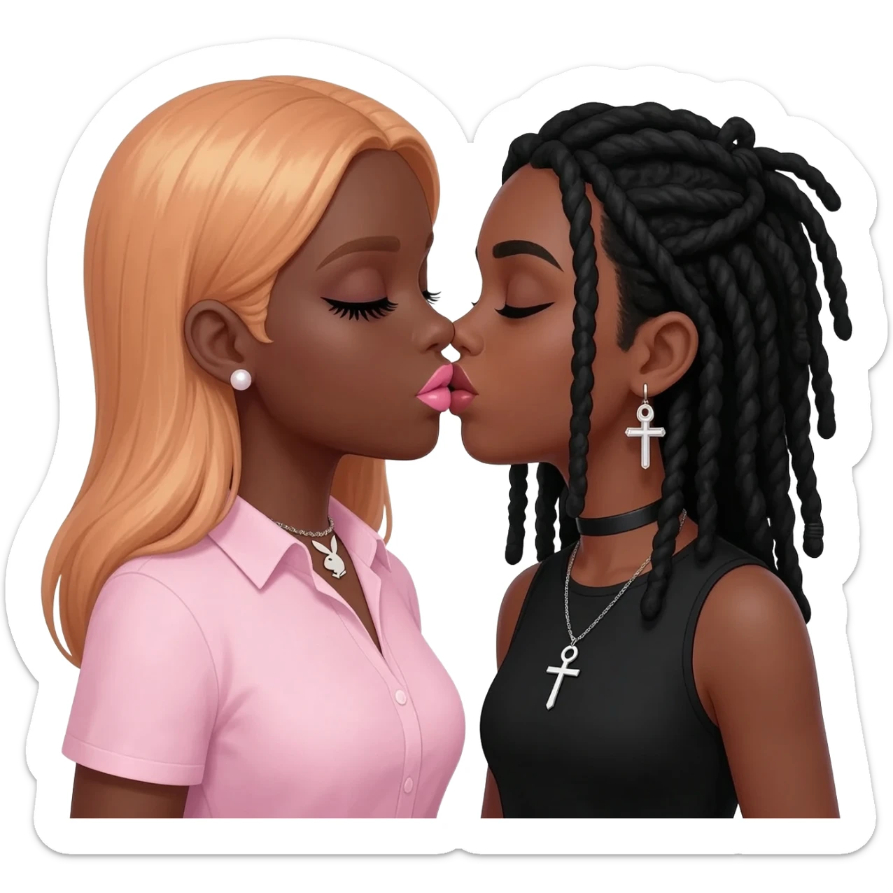 (Bimbo, pearl earrings stud, Light pink cute lips, long middle part with long light ginger hair, dark brown skin, playboy necklace with lashes, light pink shirt, kissing the goth black girl with brown skin, cross earrings, ankh necklace with black dreadlocks with white paint on face sticker