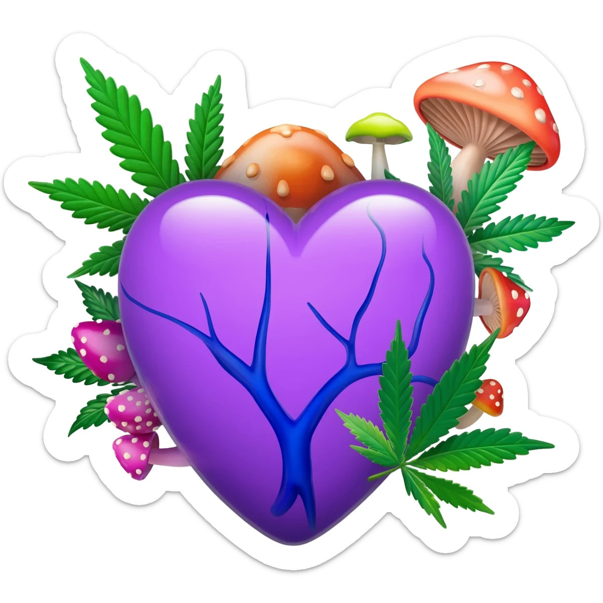 purple heart with blue veins with cannabis plants and mushrooms sticker