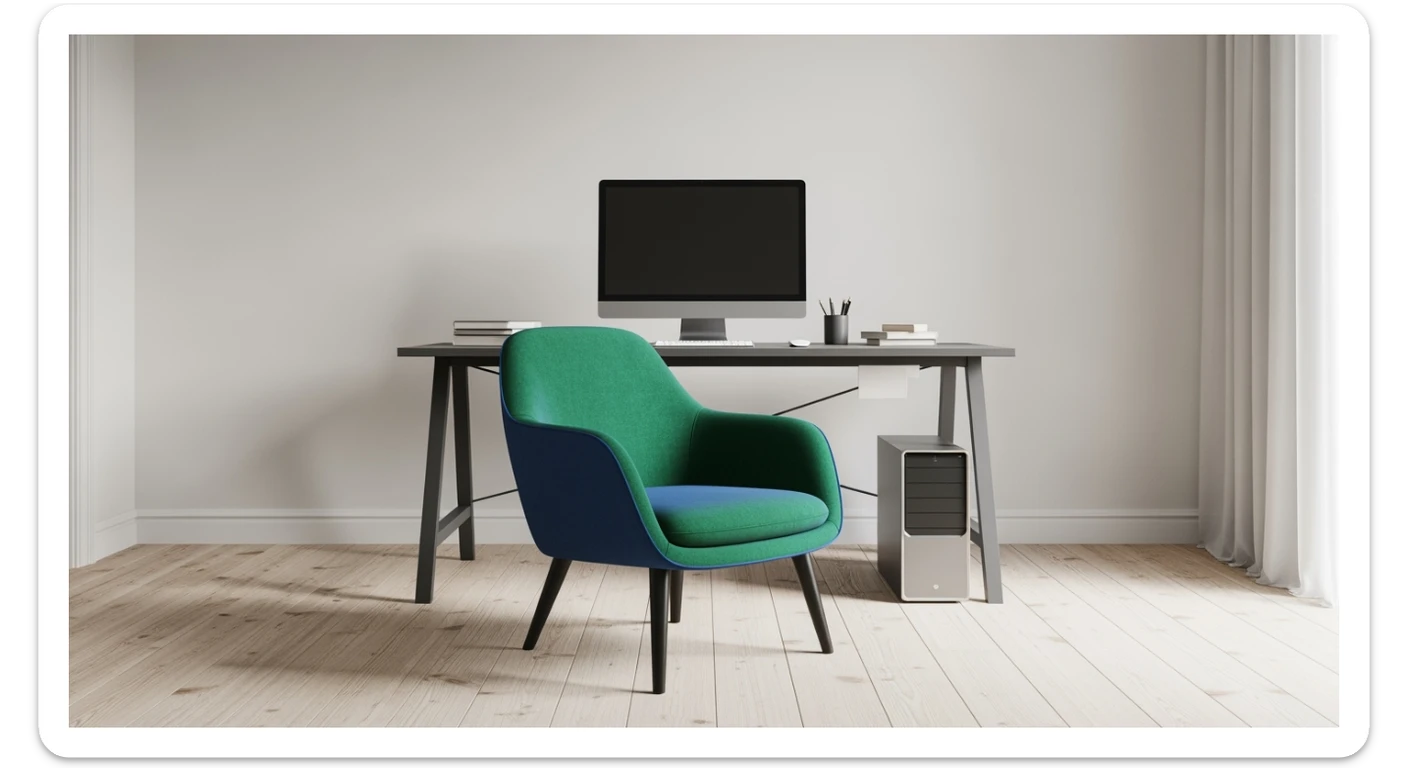 Editorial shot, Make this chair next to desk with mac setup, wooden modern floor, minimalistic room, contrast chair to wall, chair standing front to camera, soft bright light in room sticker