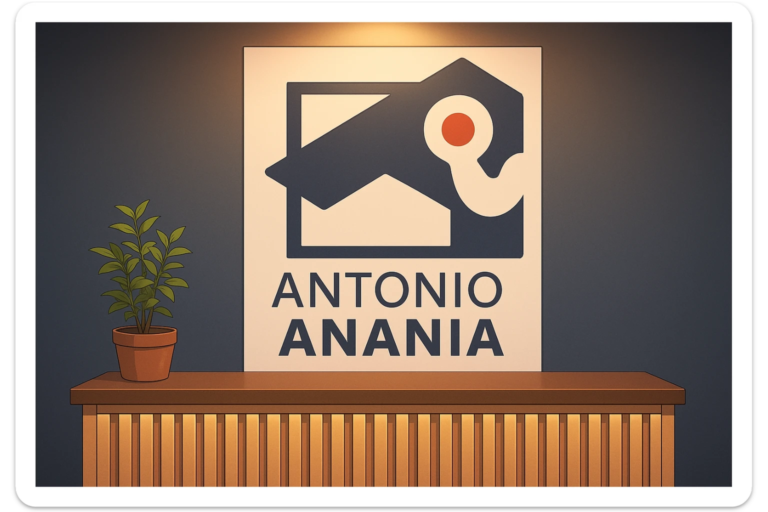 su questo stile fai un manga/webtoon a colori in cui mostri quella parete dietro dello studio con il suo logo e la scritta "ANTONIO ANANIA" SOTTO IL LOGO, LUCE CHE ILLUMINA IL LOGO sticker