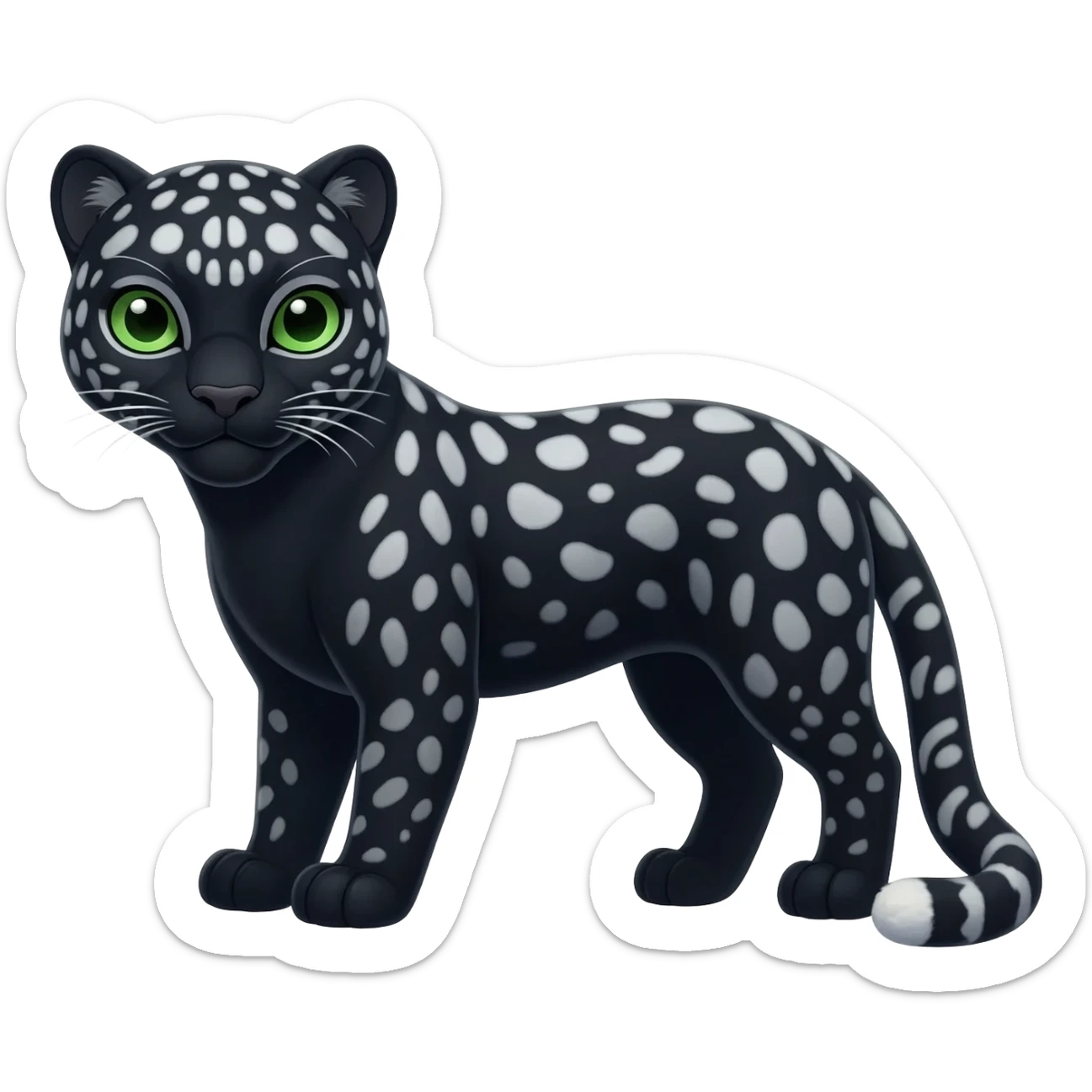 Black Snow Leopard-Panther-hybrid-animal-creature with white stripes and spots and splotch markings, with green eyes sticker