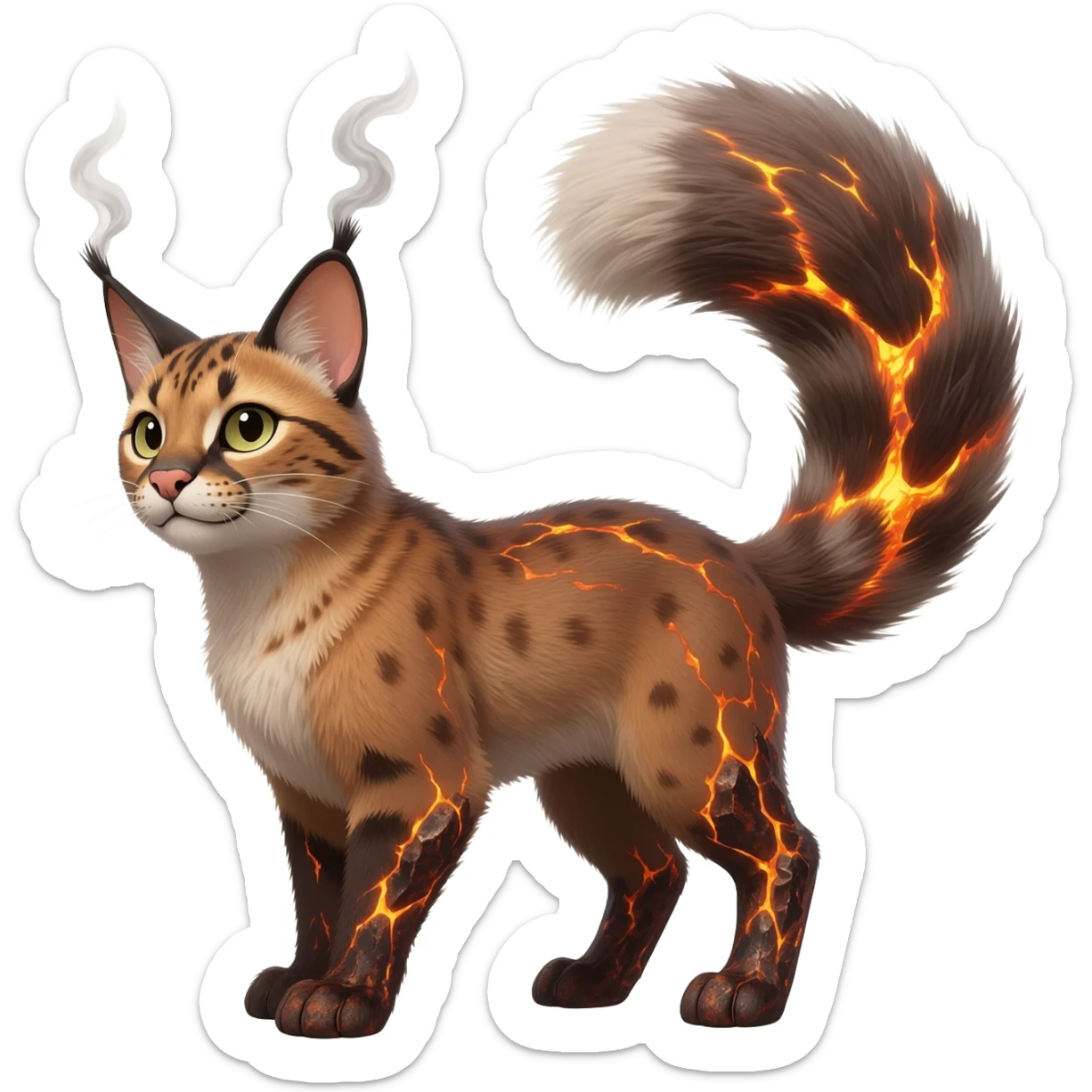 Hyper realistic  ember-rust copper fur molten with glowing magma seams and smoky tips beautiful elegant pretty precious cute  Fakémon-Pokémon-opossum-feline-serval-caracal-chinchilla-Furret-Minccino-hybrid-creature with a big fluffy bushy tail (full body) sticker