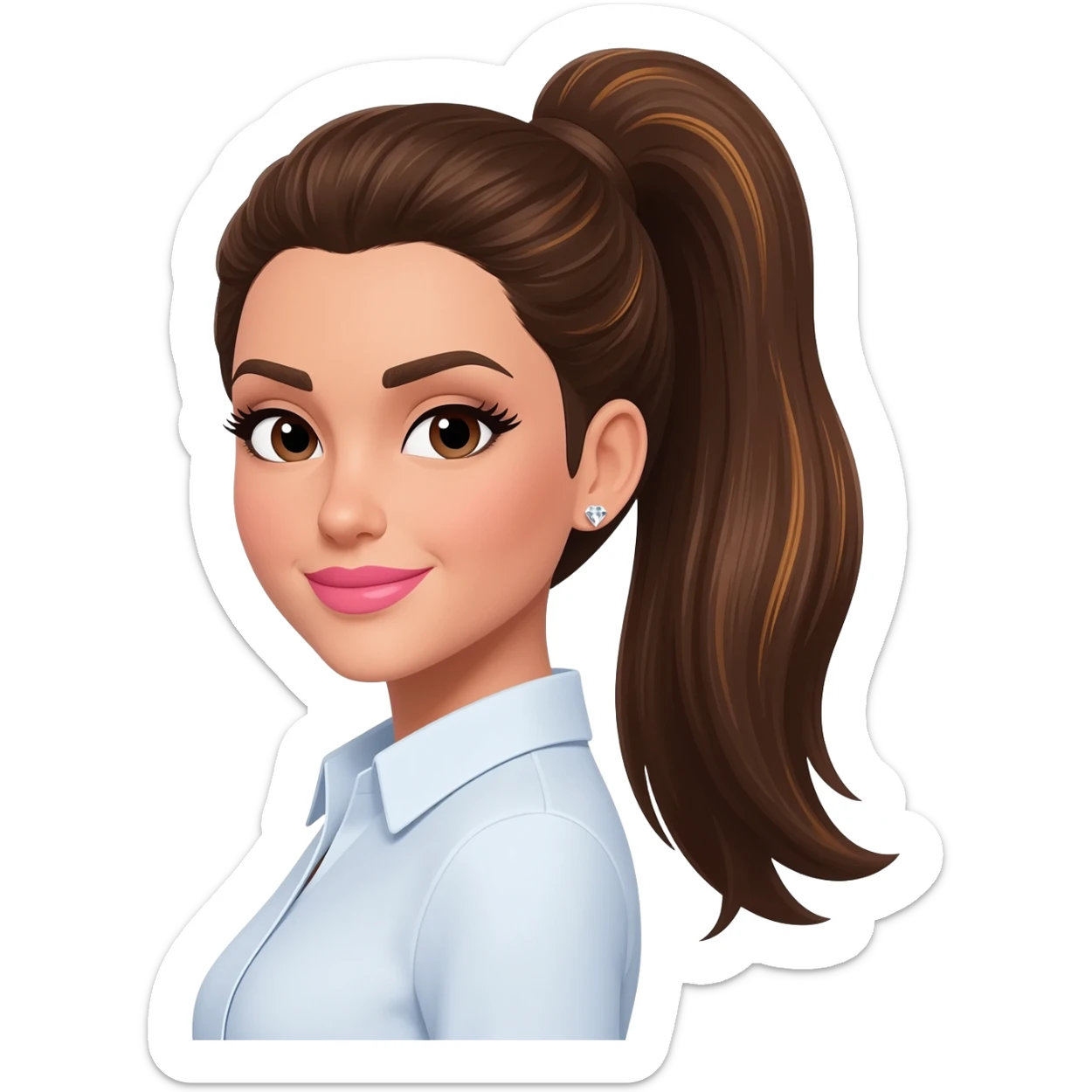 brunette with very long medium brown hair with highlights, in a sleek high ponytail, dark brown eyes, medium brown eyelash color, full lips, small button nose, light olive color skin, full eye lashes, diamond earring studs, pink lipstick, nice smile, medium brown eyebrows, with a professional shirt sticker