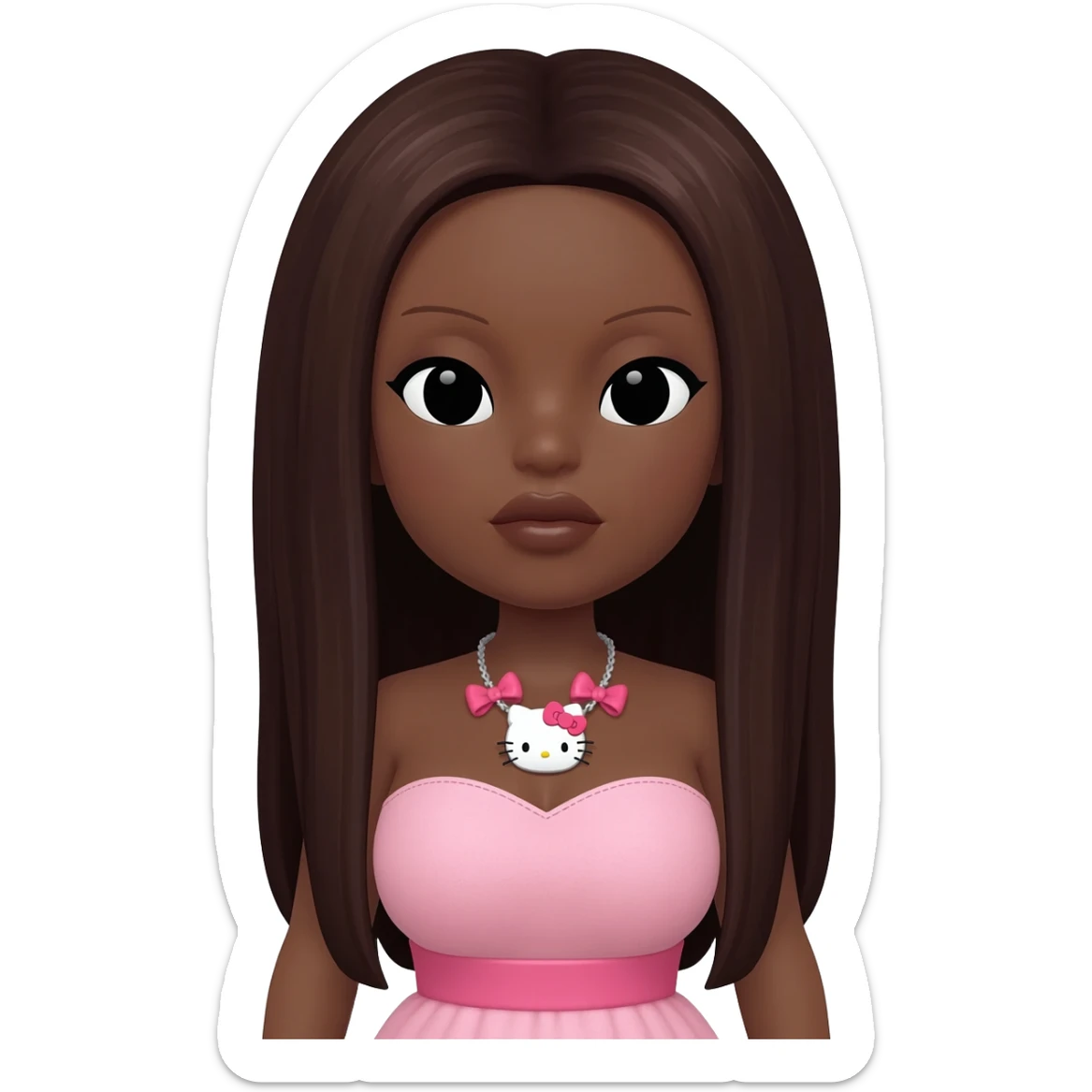 hello kitty necklace, doll eyes, Doll, big chest, dark brown skin, with middle part long dark brunette hair,  black cute eyes, pink bows with cute lips sticker