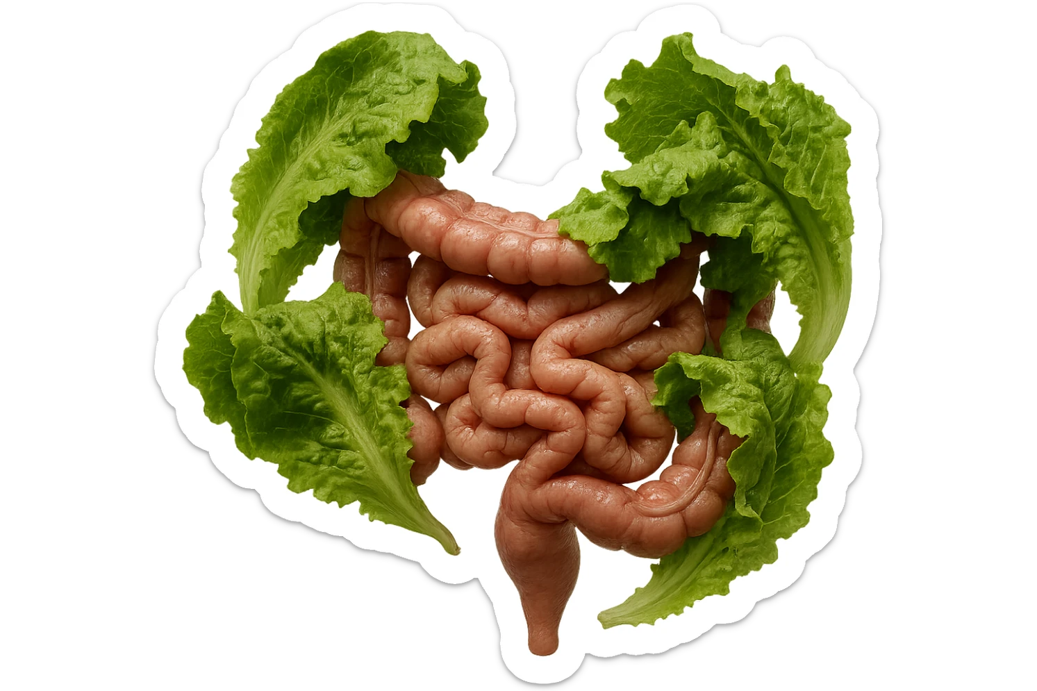 foglie di insalata che attaccano un intestino anatomico umano per distruggerlo, iperrealistico sticker