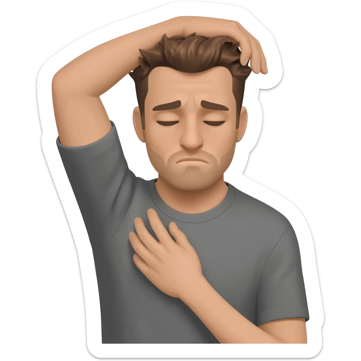 A man who is depressed with his left arm draped over the top of his head so the inside of his left elbow is on the very top of his head where hair grows from and his left hand is touching his right shoulder sticker