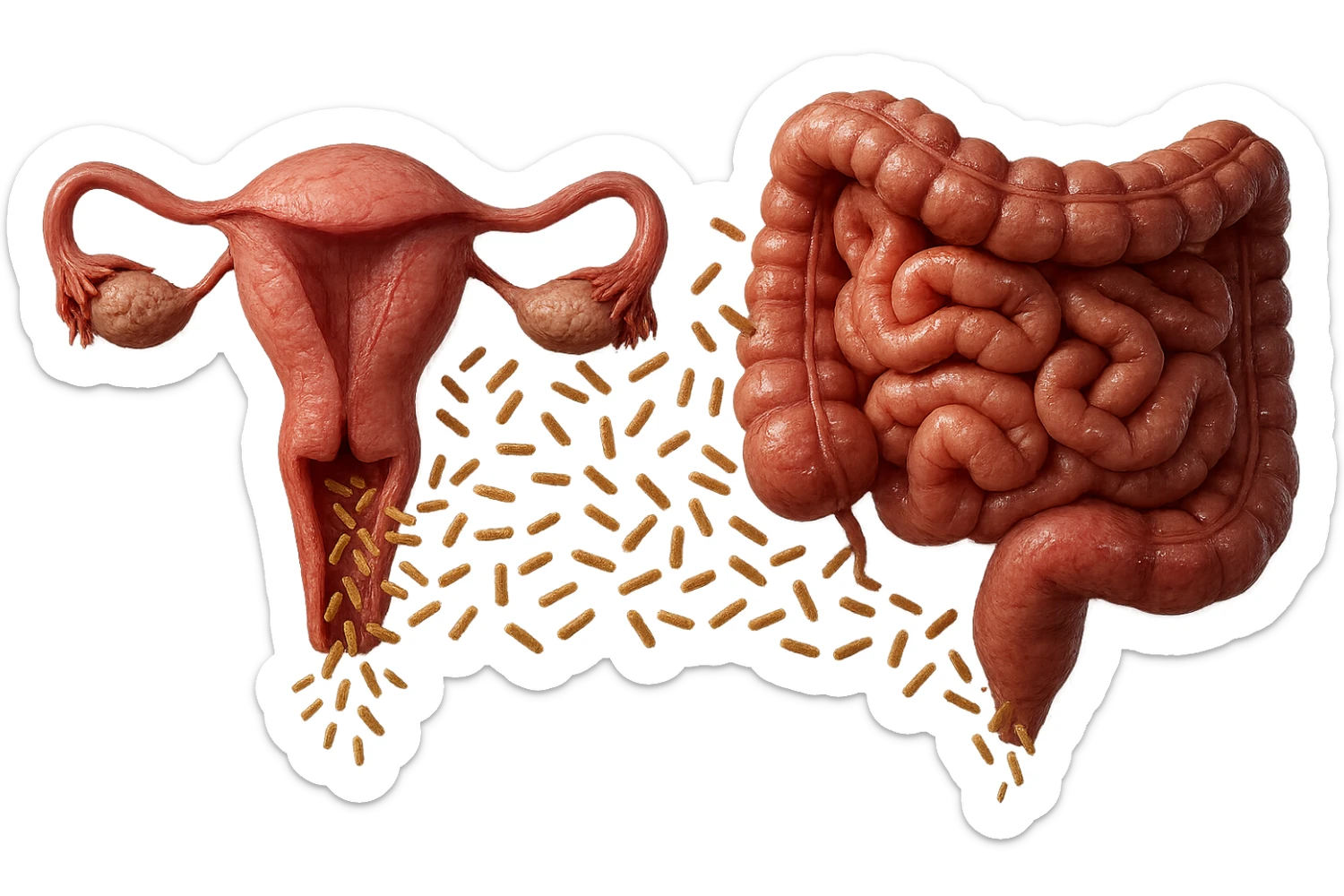 UTERO UMANO E INTESTINO ANATOMICI REALISTICI SONO UNO ACCANTO ALL'ALTRO E SI PASSANO I BATTERI A VICENDA, CON BATTERI CHE ESCONO DALL'INTERNO, IPERREALISTICO 4K, NON DISEGNATO sticker