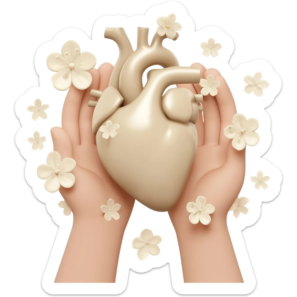 hands holding realistic light beige human heart with beige flowers sticker