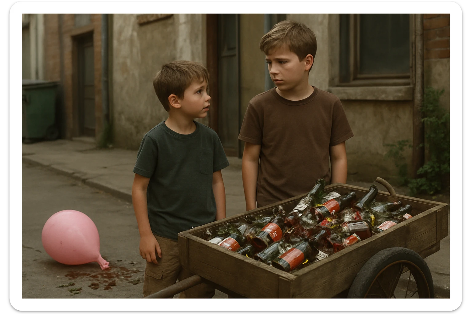 g'ildiragi singan ichimliklar ortilgan arava bir baloni singan uni yonida aka uka havotirli nigoh bilan bir biriga qarab turishibdi realistik qilib ber sticker