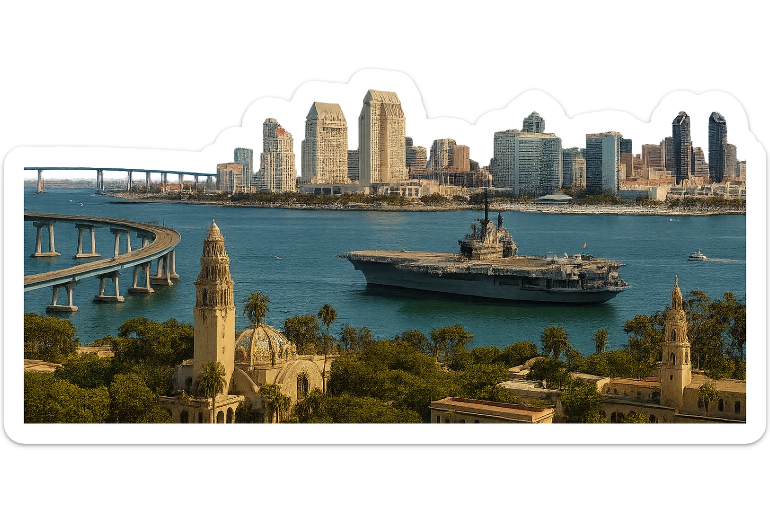 cinematic, realistic emoji of San Diego, featuring a wide city view with iconic landmarks such as the Coronado Bridge, San Diego skyline, USS Midway, and Balboa Park, with lifelike detail, accurate colors, bright daytime lighting, fully transparent background with no sky and no clouds sticker
