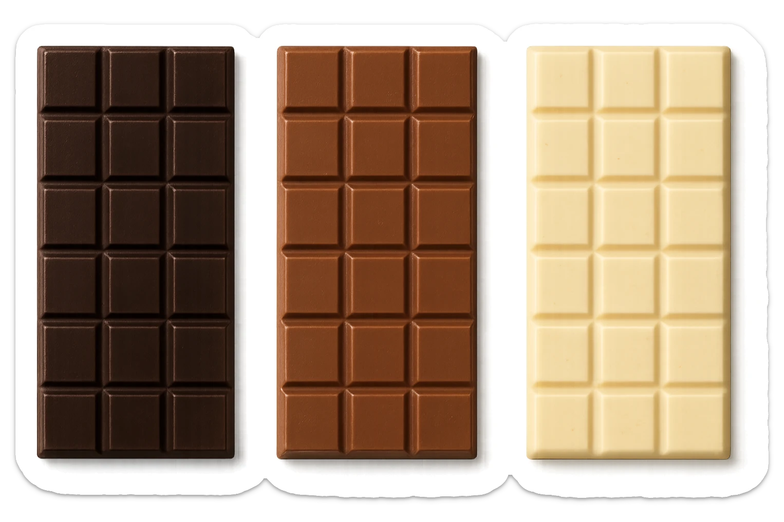 3 BARRETTE DI CIOCCOLATO, UNA FONDENTE, UNA AL LATTE E UNA BIANCA, CON OMBRA REALISTICA, VISTE DALL'ALTO, IPERREALISTICO 4K sticker